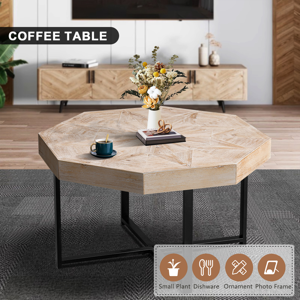 Vintage Octagonal Coffee Table with Patchwork Wood Top & Cross Metal Legs - Rustic Farmhouse Accent Table for Living Room