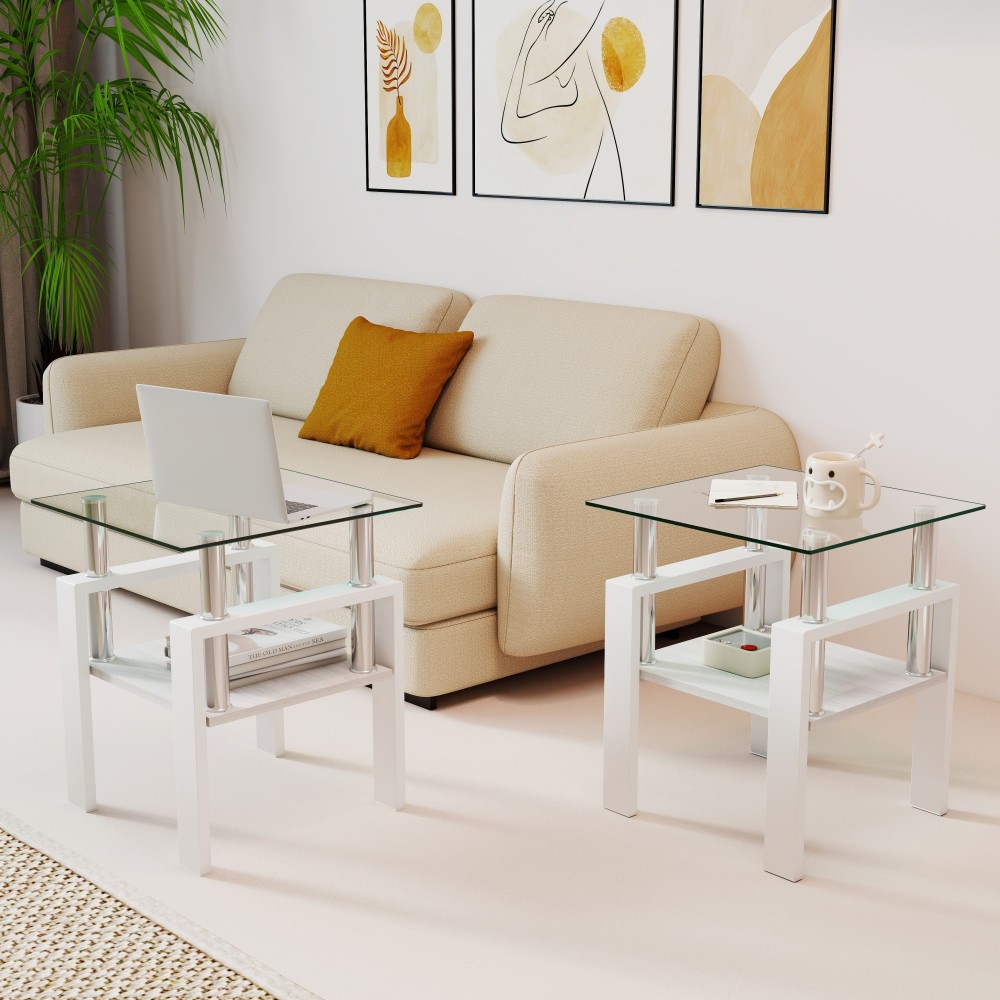 Set of 2 Modern Tempered Glass End Tables - White Square Coffee Table with MDF Shelf for Living Room