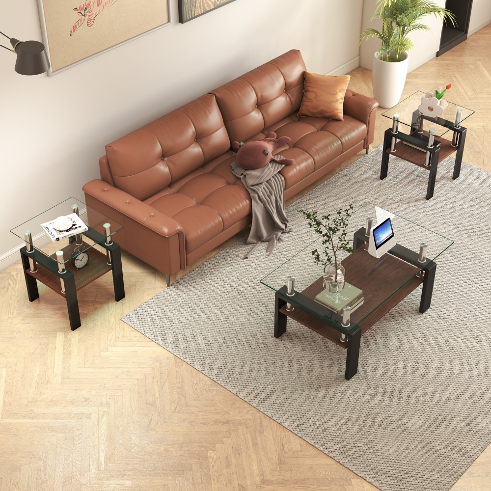 Set of 2 Modern Tempered Glass End Tables with Storage Shelf - Square Coffee Side Tables for Living Room