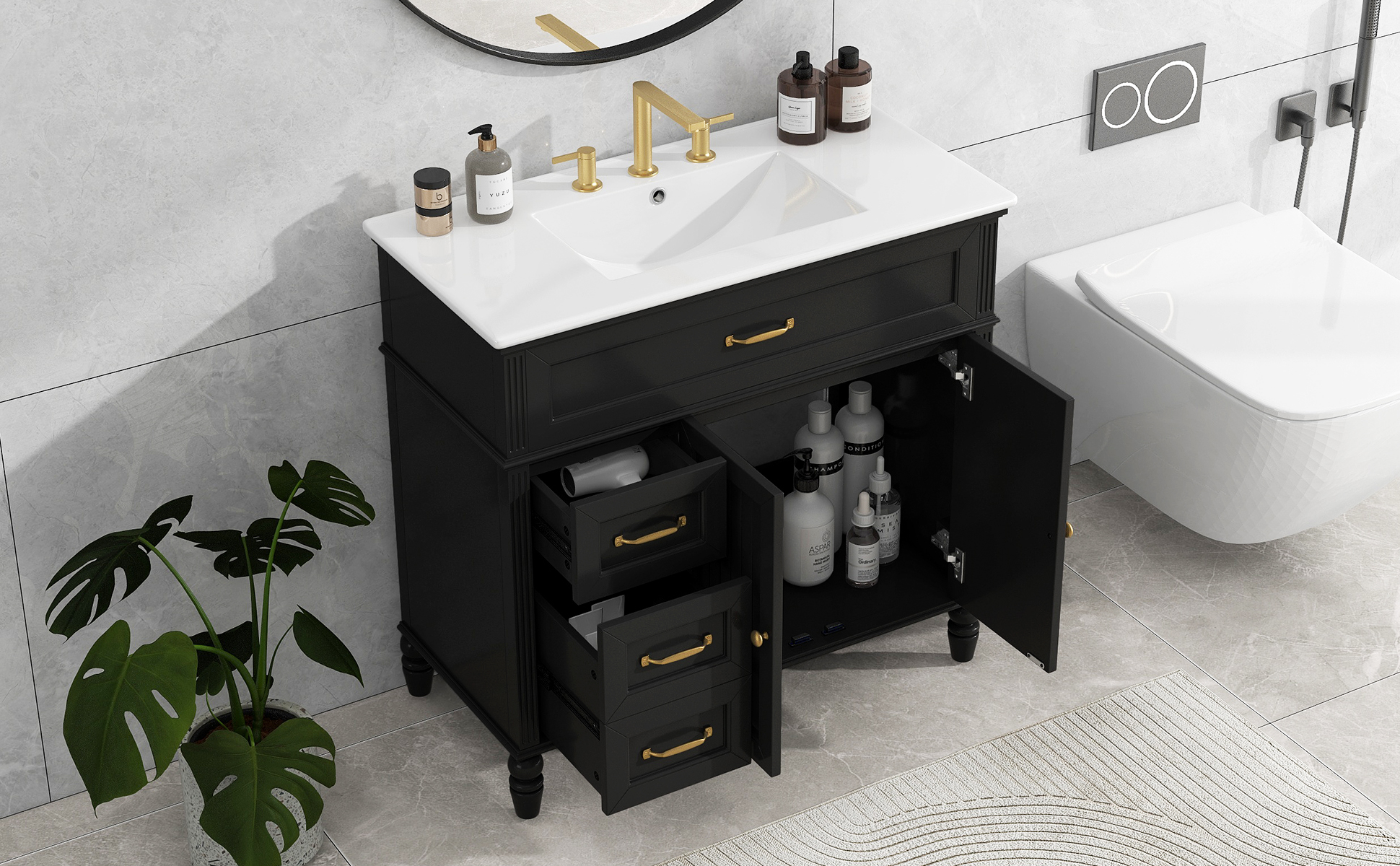 36" Black Bathroom Vanity with Ceramic Sink Top, Vintage Freestanding Cabinet with Soft-Close Drawers & Storage