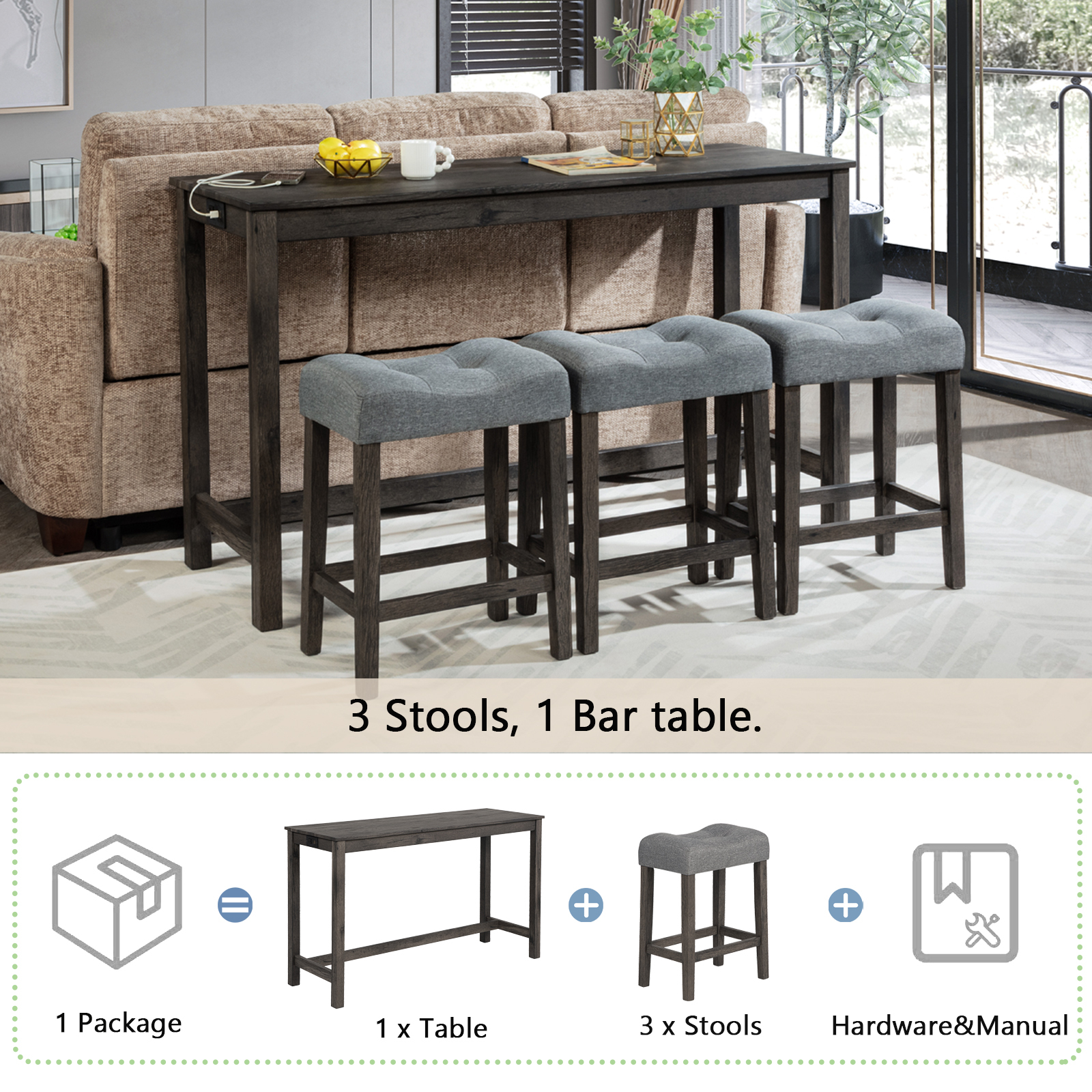 Dark Gray 4-Piece Sofa Bar Table Set with Power Outlet & USB Ports - Behind Couch Console Table with 3 Upholstered Stools for Living Room