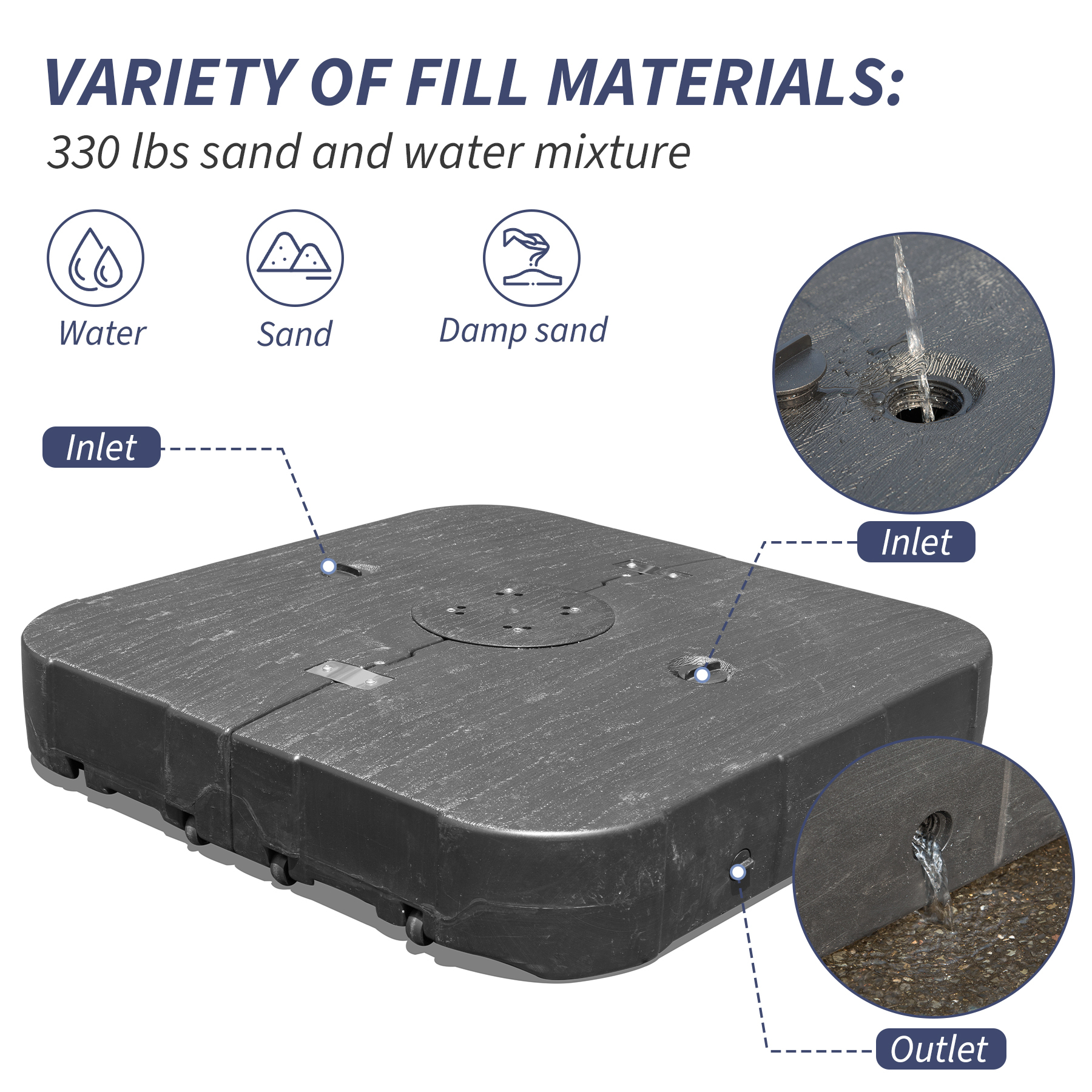 300LBS Heavy Duty Cantilever Umbrella Base with Wheels - Square Black Resin Water/Sand Filled Weighted Stand for Outdoor Patio, Garden & Deck