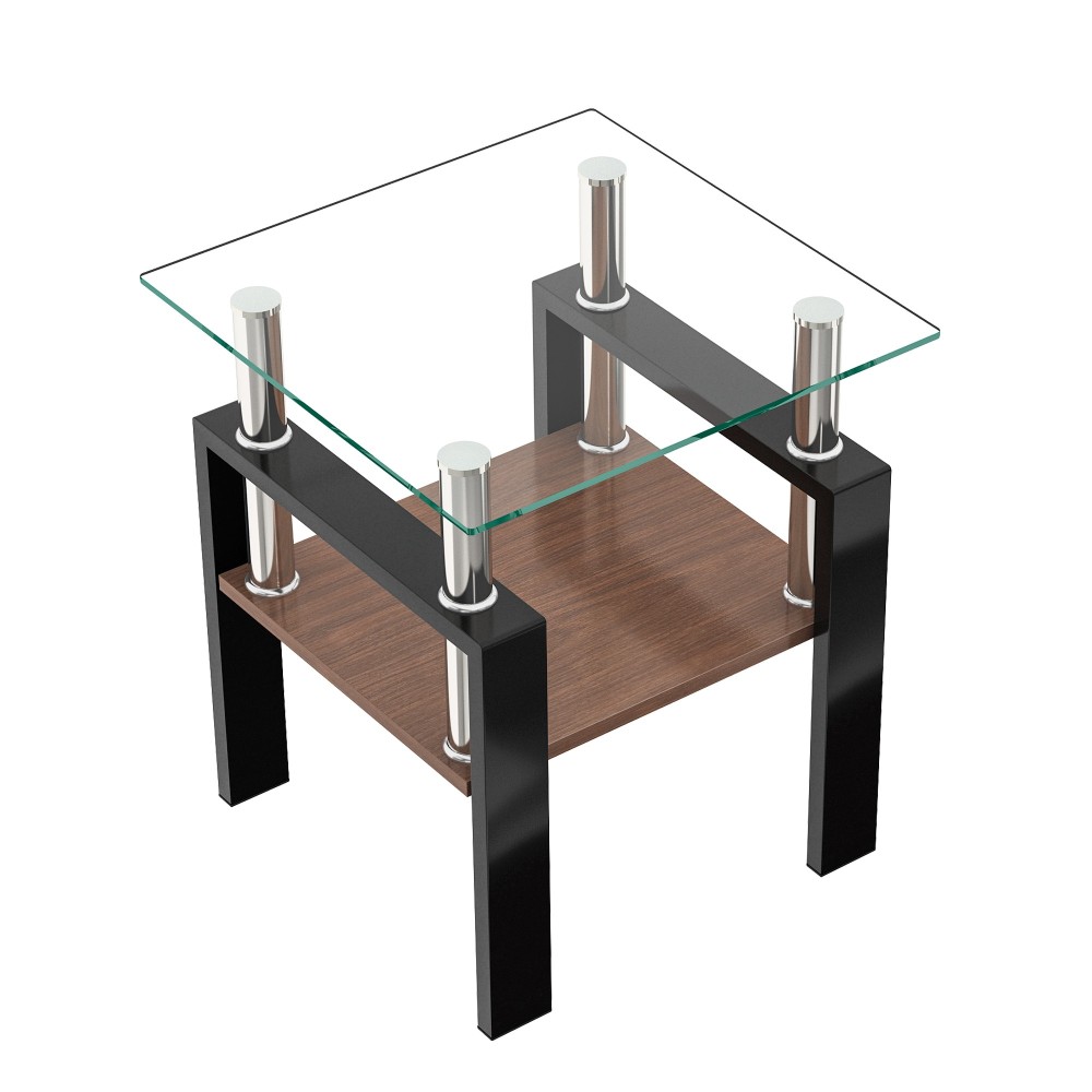 Set of 2 Modern Tempered Glass End Tables with Storage Shelf - Square Coffee Side Tables for Living Room