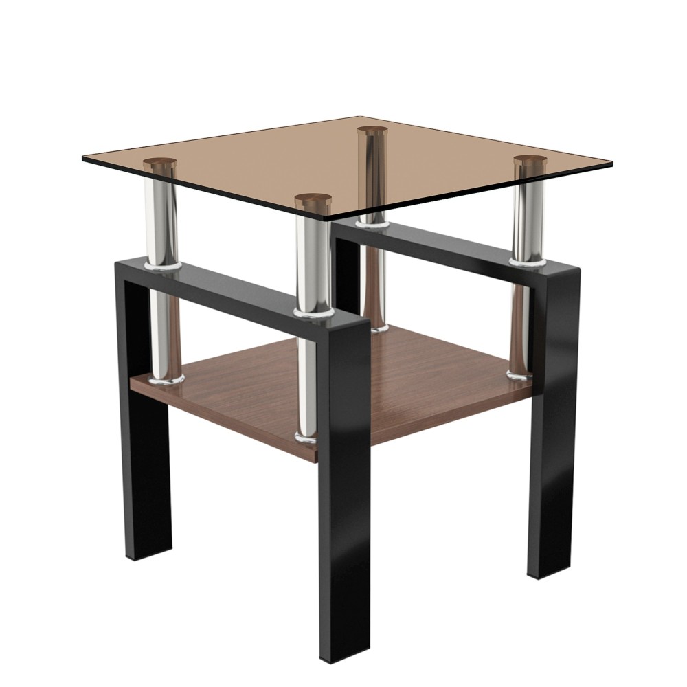 Set of 2 Modern Tempered Glass End Tables - Square Side Tables with MDF Shelf & Metal Legs for Living Room