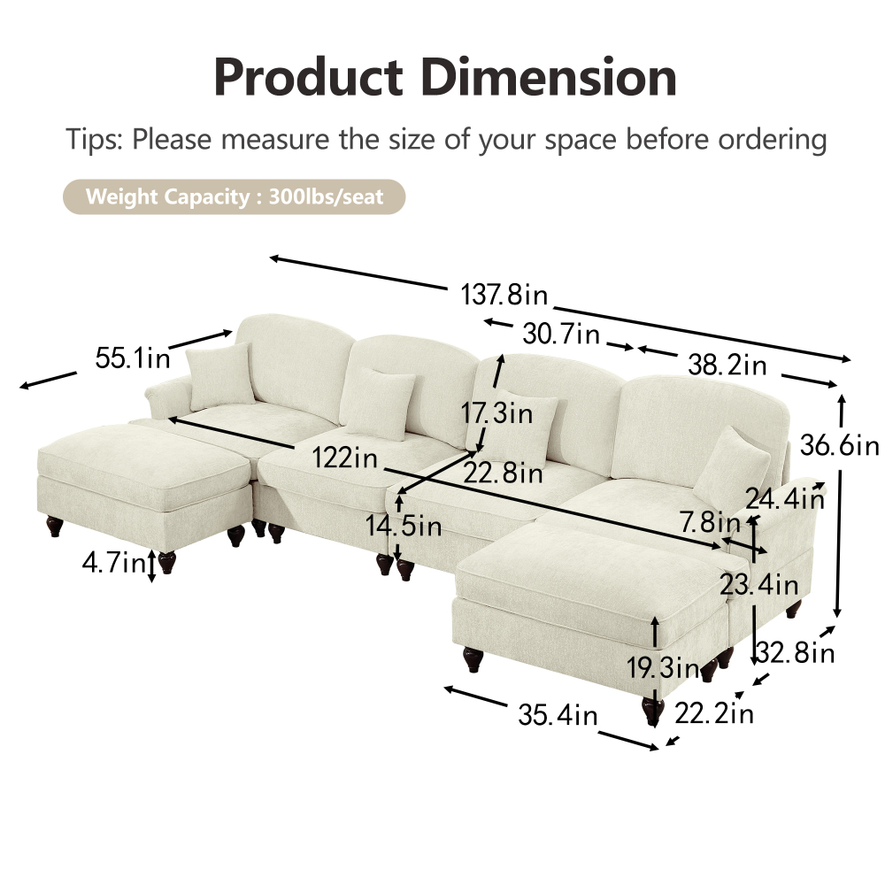 Classic U-Shaped Modular Sectional Sofa with Removable Ruffle Skirt, Deep Seat Chenille Cloud Couch & Movable Ottomans
