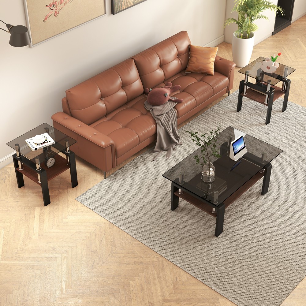 Set of 2 Modern Tempered Glass End Tables with MDF Shelf, Square Coffee Side Tables for Living Room