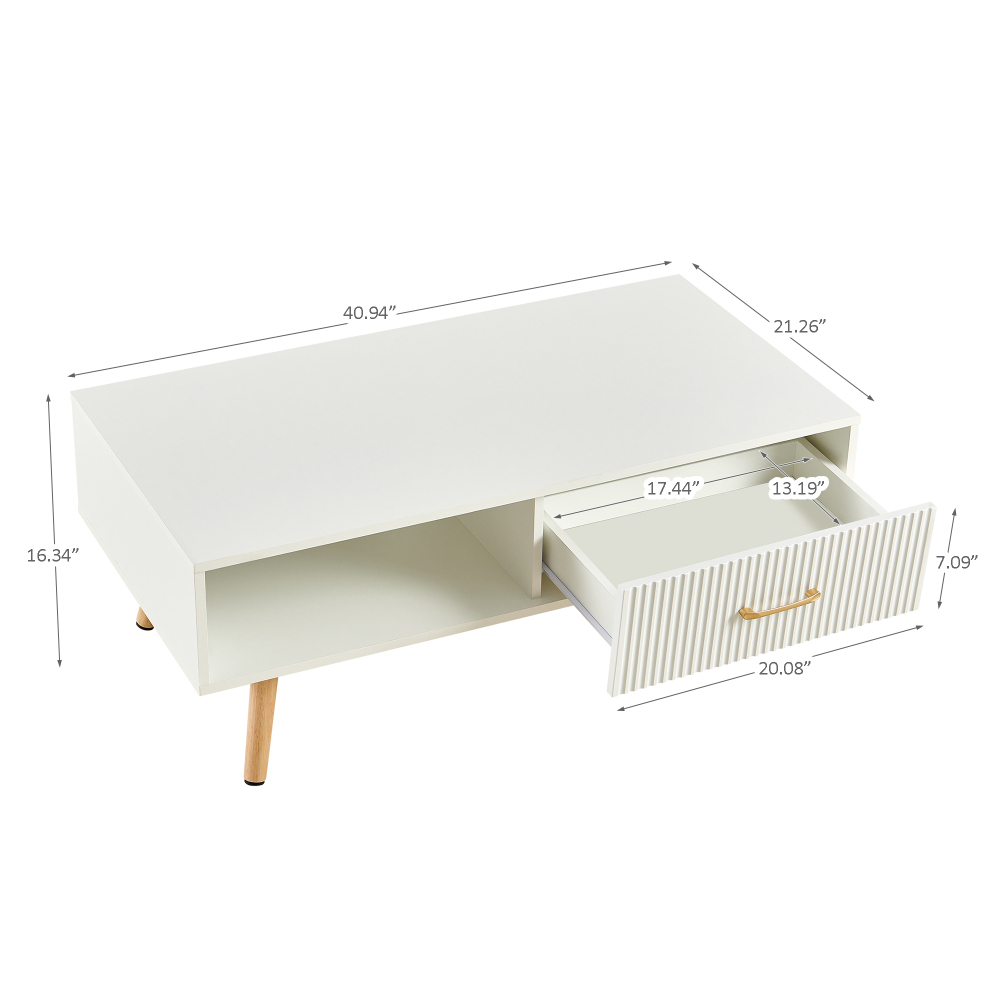 Modern White Rectangle Coffee Table with Solid Wood Legs, Sliding Drawer Storage & Open Shelf for Living Room