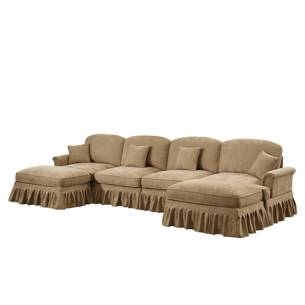 Classic U-Shaped Modular Sectional Sofa with Removable Ruffle Skirt, Deep Seat Chenille Couch with Flared Arms and Spindle Legs, Light Coffee