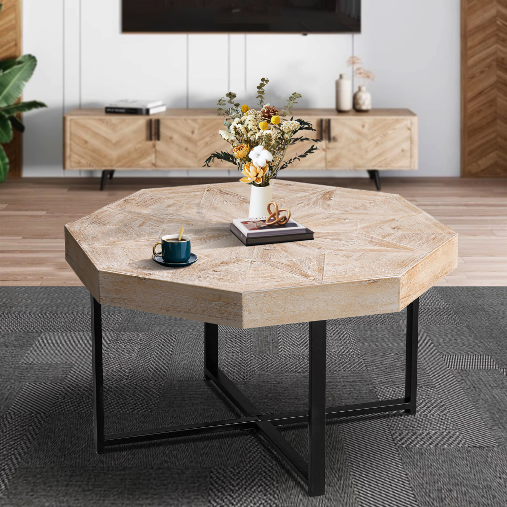 Vintage Octagonal Coffee Table with Patchwork Wood Top & Cross Metal Legs - Rustic Farmhouse Accent Table for Living Room