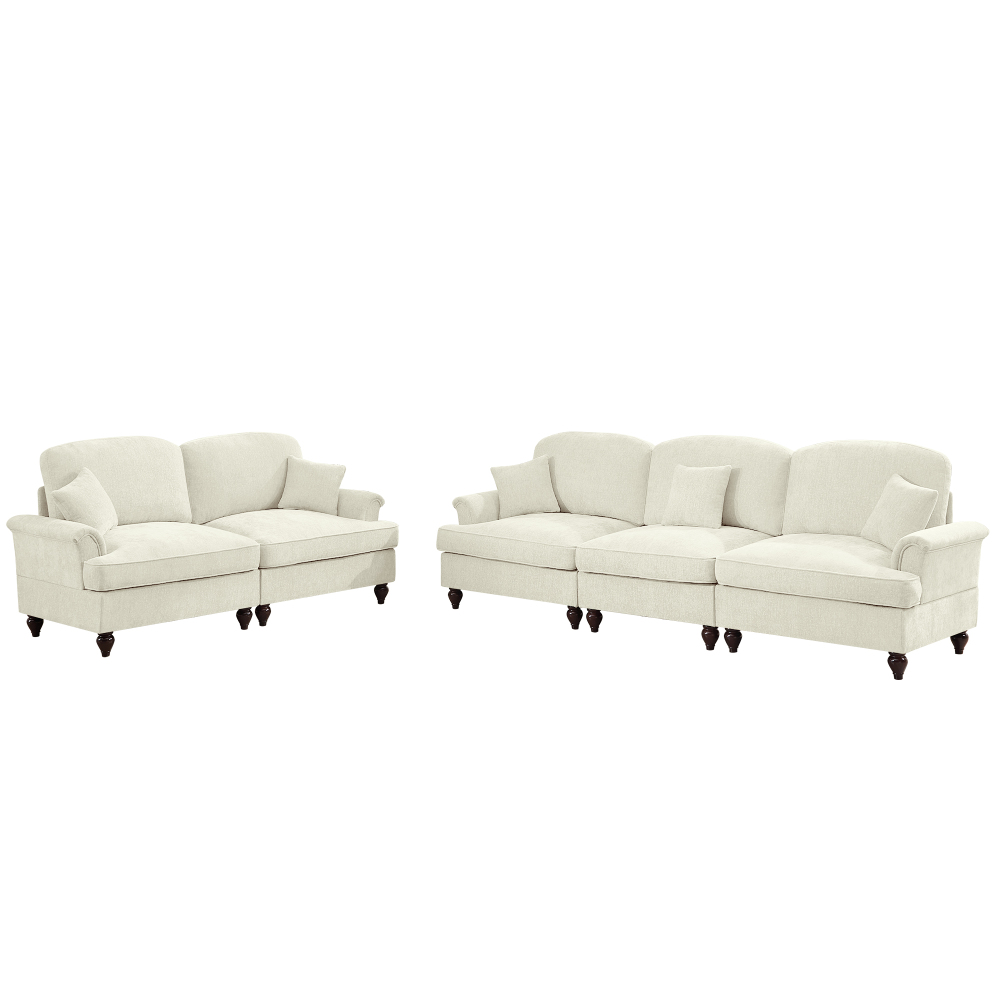 Classic Chenille Modular Sofa Set with Removable Ruffle Skirts, Beige & White 2-Piece Living Room Couch Collection featuring Flared Arms and Spindle Legs