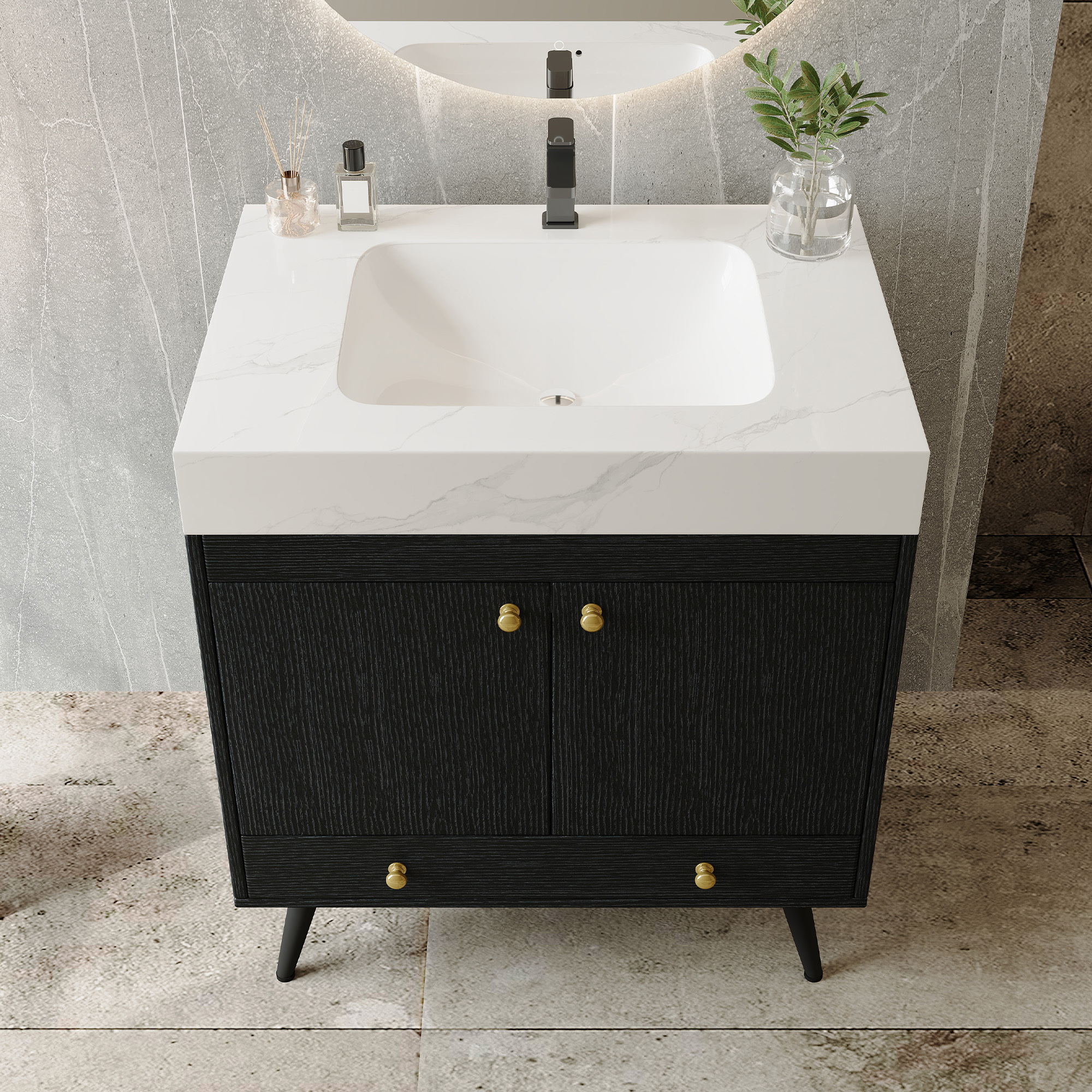 Contemporary 30" Free-Standing Bathroom Vanity with Sintered Stone Top & Gold Accents