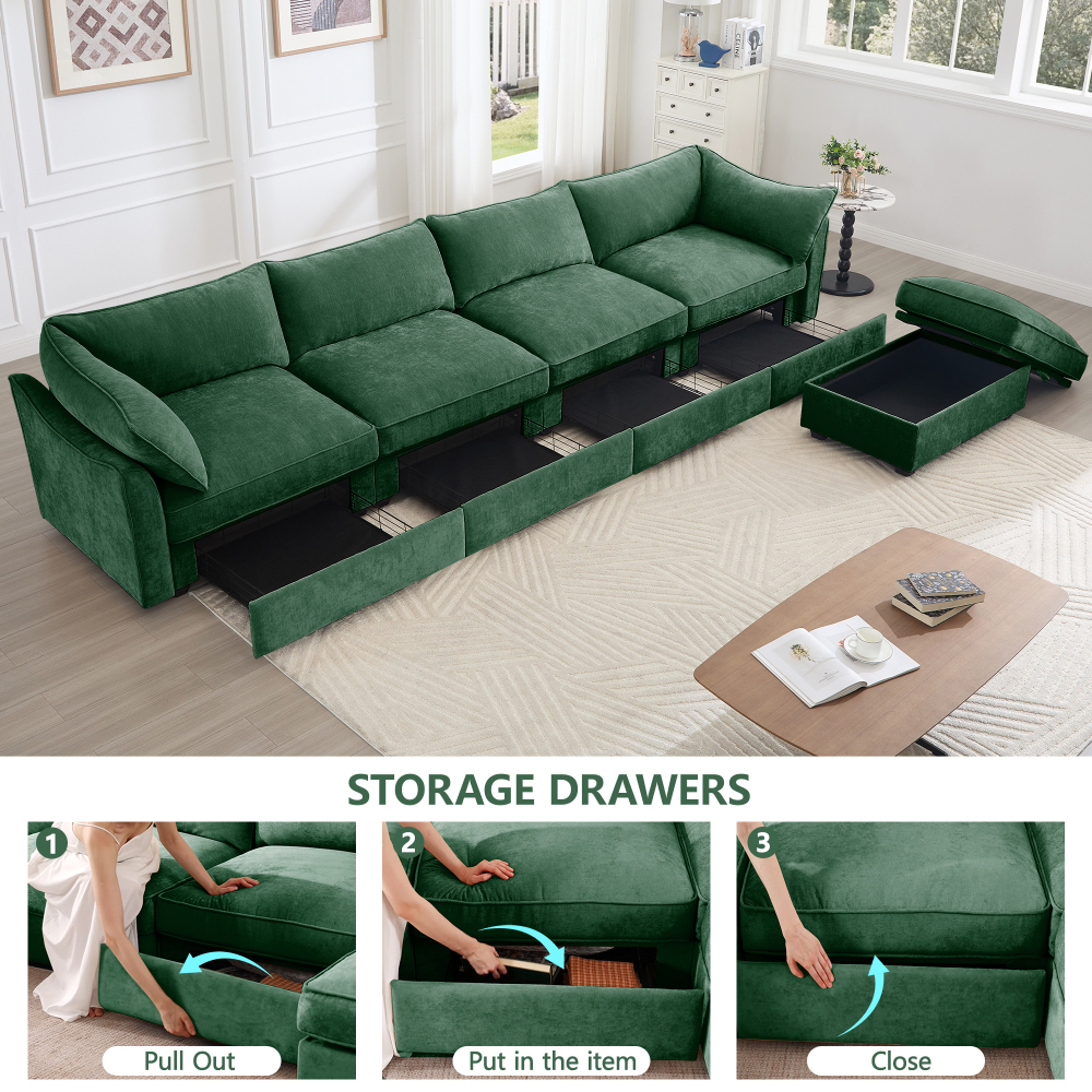 Green Chenille L-Shaped Sectional Sofa, 4-Seat Modular Couch with Movable Ottoman, Crescent Armrests & Wraparound Back Cushions for Living Room