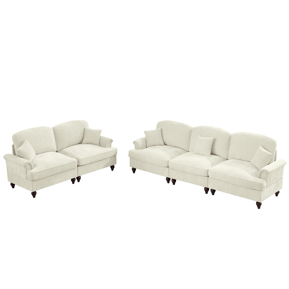 Classic Chenille Modular Sofa Set with Removable Ruffle Skirts, Beige & White 2-Piece Living Room Couch Collection featuring Flared Arms and Spindle Legs
