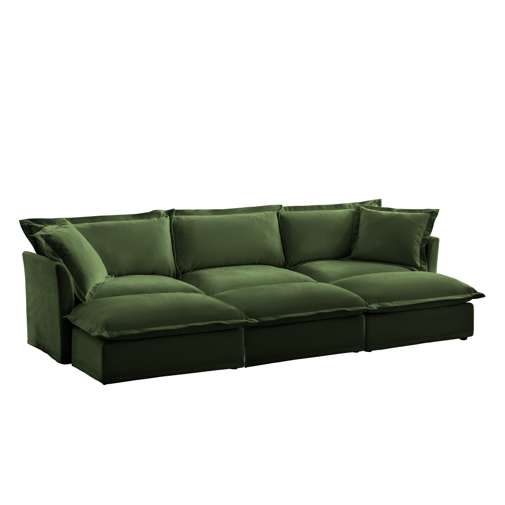 Oversized Modular Chenille Sofa with 3 Ottomans - Deep Seat Green Slipcovered Sectional Couch