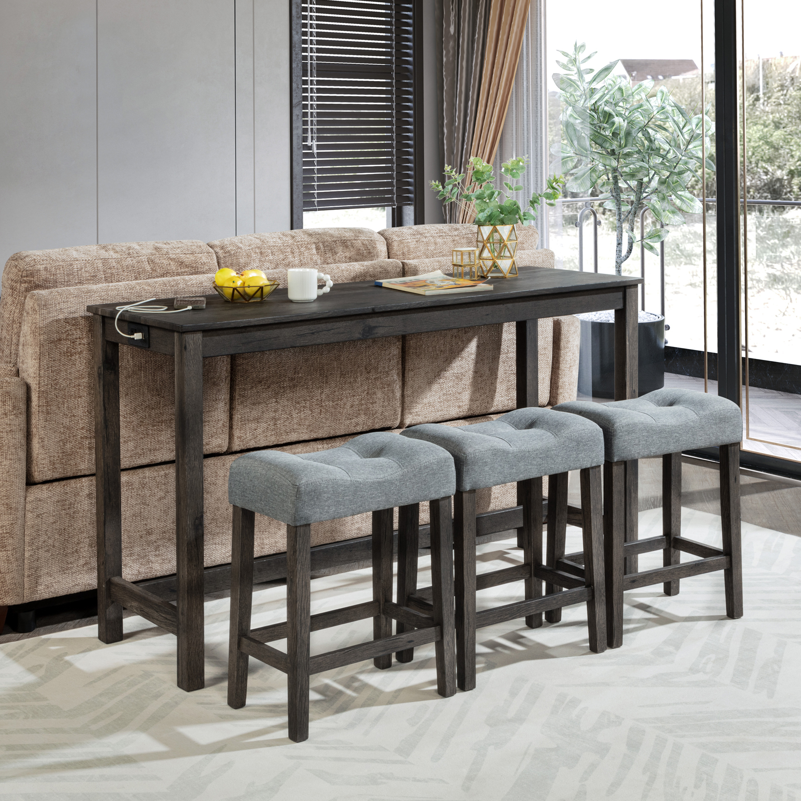 Dark Gray 4-Piece Sofa Bar Table Set with Power Outlet & USB Ports - Behind Couch Console Table with 3 Upholstered Stools for Living Room