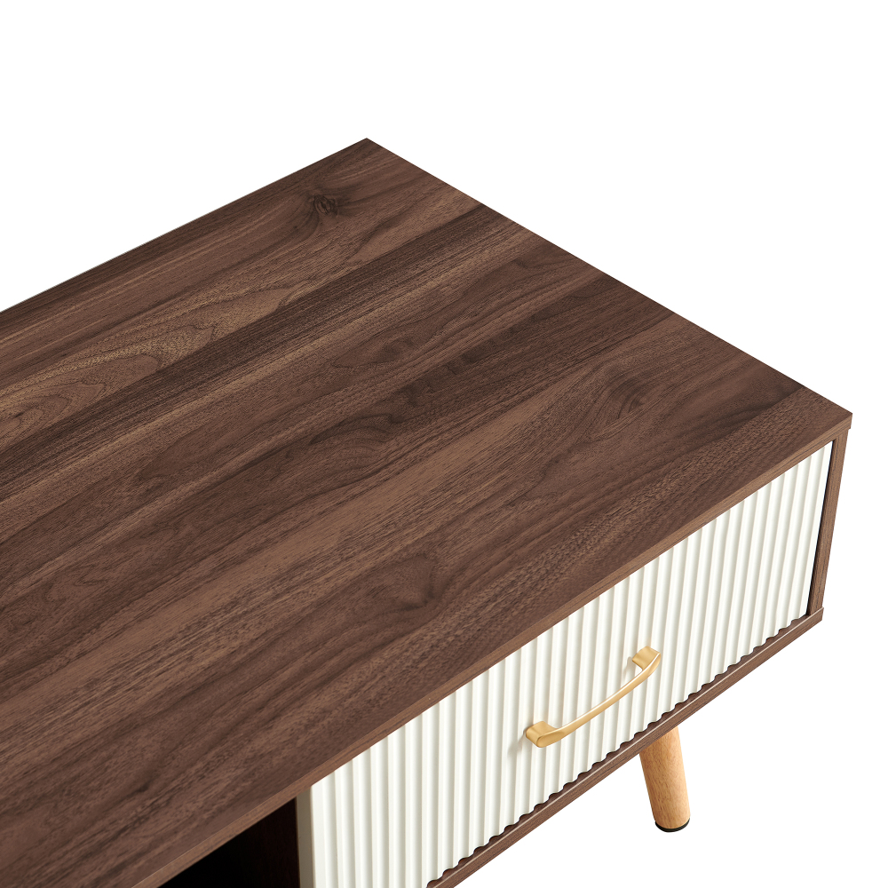 Mid-Century Modern Coffee Table with Sliding Drawer & Open Shelf Storage, Walnut Finish Rectangle Living Room Center Table with Solid Wood Legs