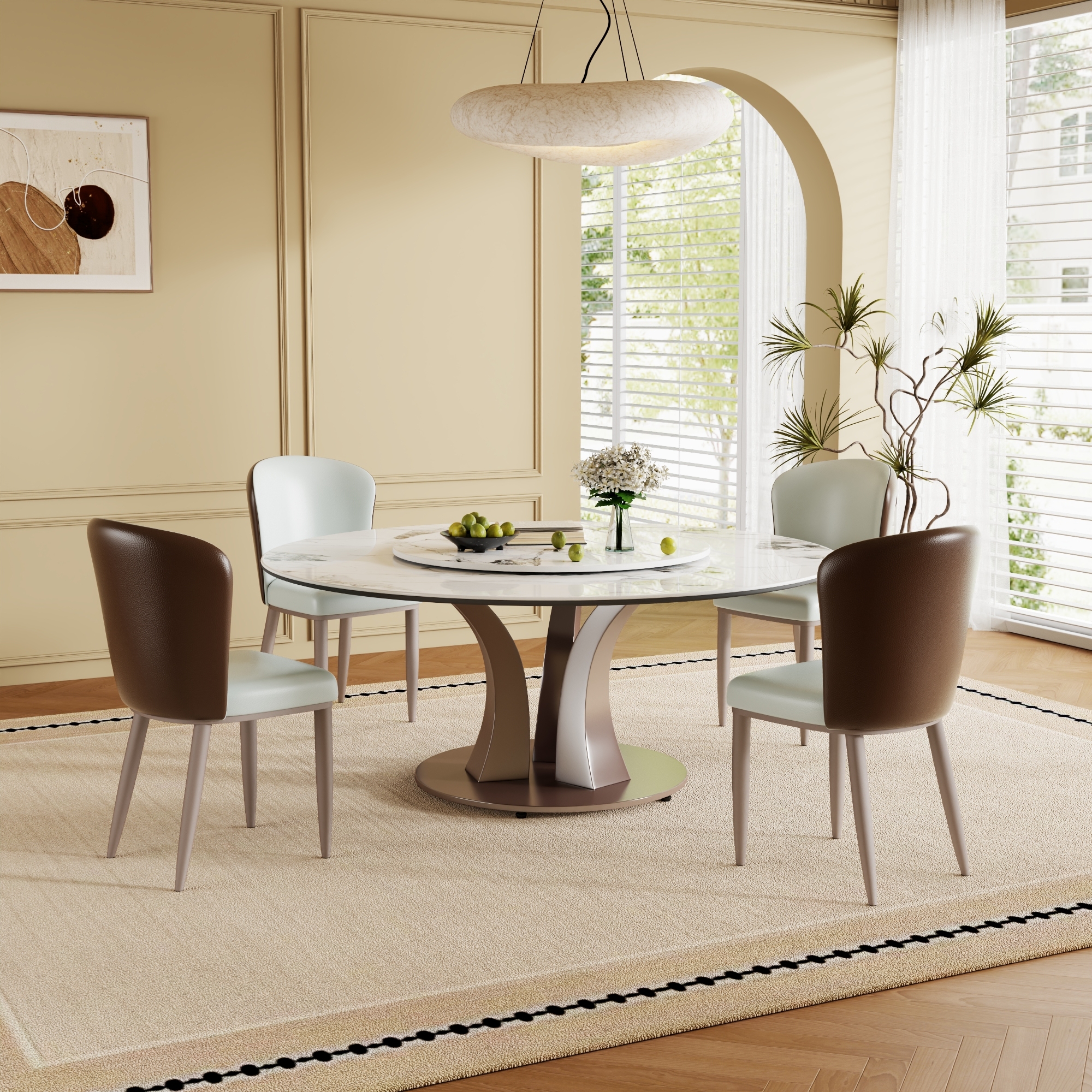 59" Round Sintered Stone Dining Table Set with Rotating Lazy Susan & Heat-Resistant Marble Top - Luxury Modern Kitchen Furniture for 4
