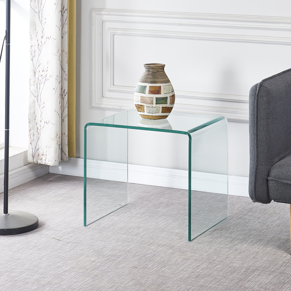 Tempered Clear Bent Glass Side Table - Modern Transparent End Table for Living Room, Sofa, or Office