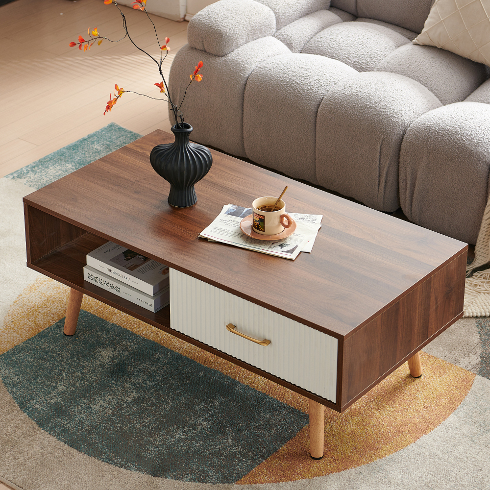Mid-Century Modern Coffee Table with Sliding Drawer & Open Shelf Storage, Walnut Finish Rectangle Living Room Center Table with Solid Wood Legs