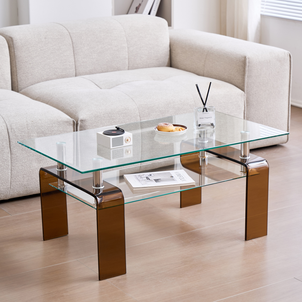 Modern Tempered Glass Coffee Table with Brown Legs - 2-Tier Storage Center for Living Room