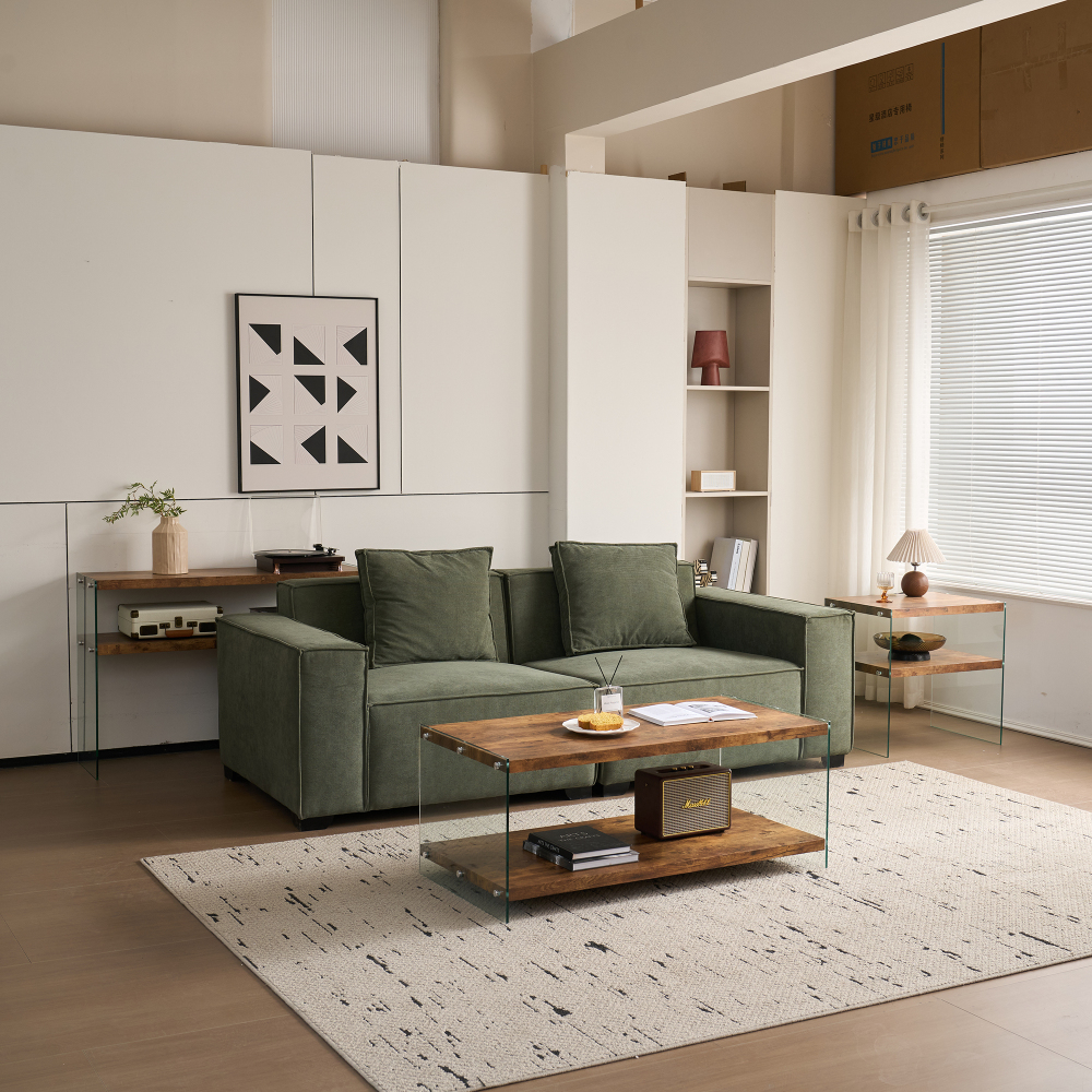Modern Two-Tier Coffee Table with Tempered Glass Legs and Walnut Wood Top, Stylish Living Room Center Table