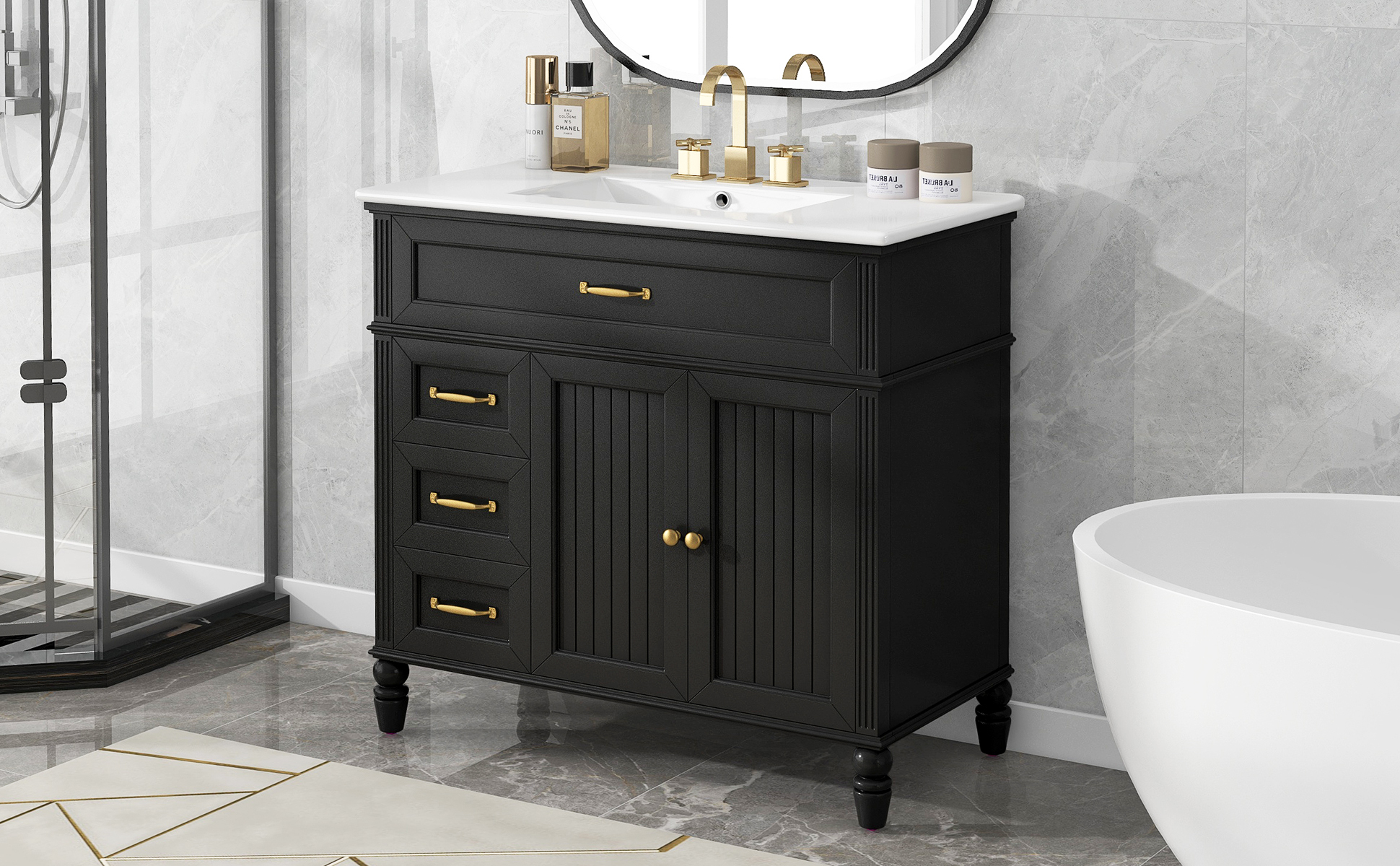 36" Black Bathroom Vanity with Ceramic Sink Top, Vintage Freestanding Cabinet with Soft-Close Drawers & Storage