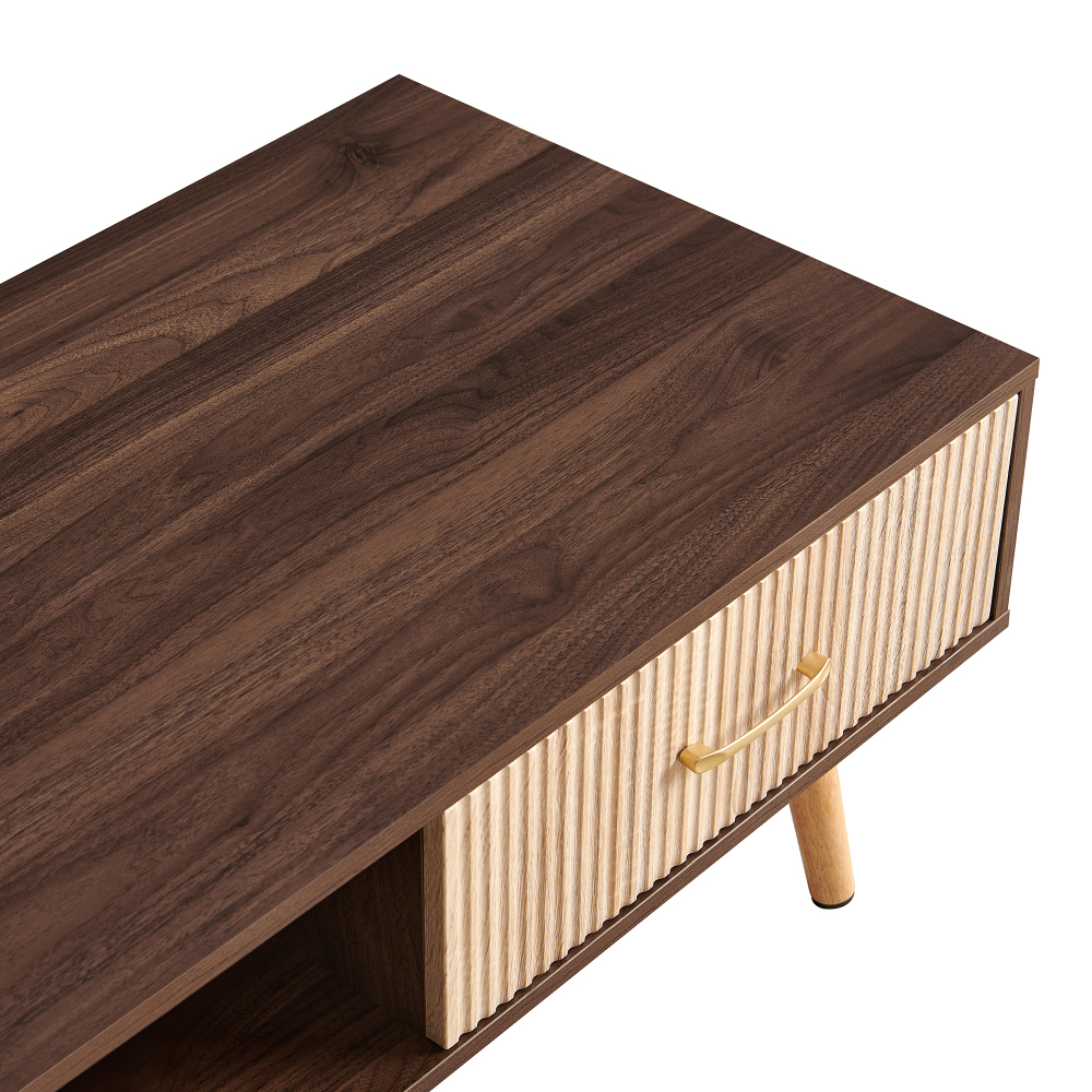 Mid-Century Modern Coffee Table with Sliding Storage Drawer, Walnut Finish Rectangular Living Room Accent Table with Solid Wood Legs