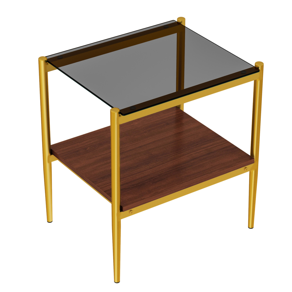 Set of 2 Modern Gold End Tables with Tempered Glass Top and Storage Shelf, Rectangle Side Tables for Living Room