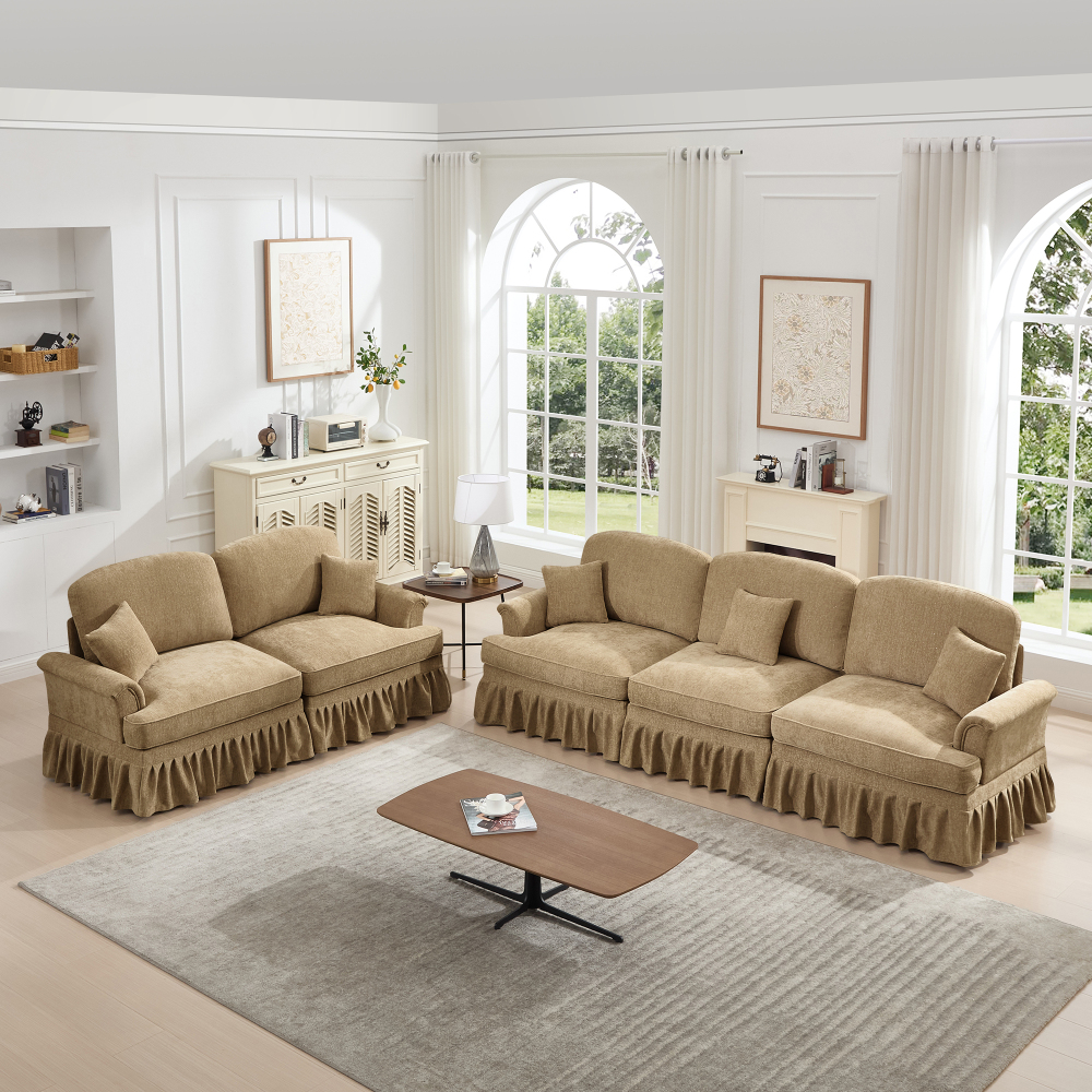 Classic 2-Piece Sofa Set with Removable Ruffle Skirts, Flared Arms & Spindle Legs - 3-Seater Couch and Loveseat for Living Room, Light Coffee Chenille