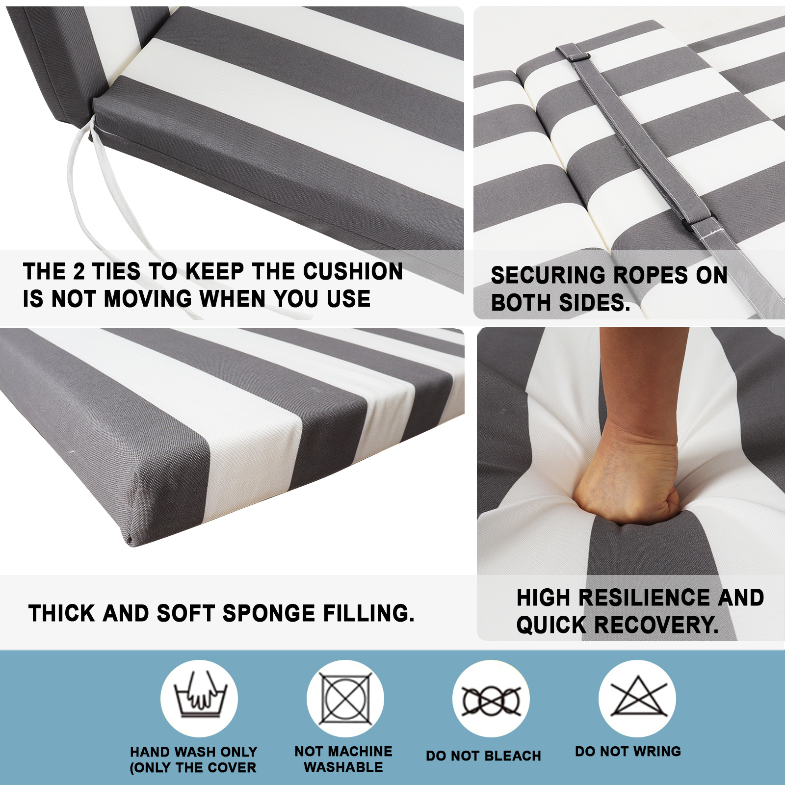 Set of 2 Premium Outdoor Chaise Lounge Cushions - Weather Resistant Patio Pool Furniture Pads with Ties, Gray/White Stripe