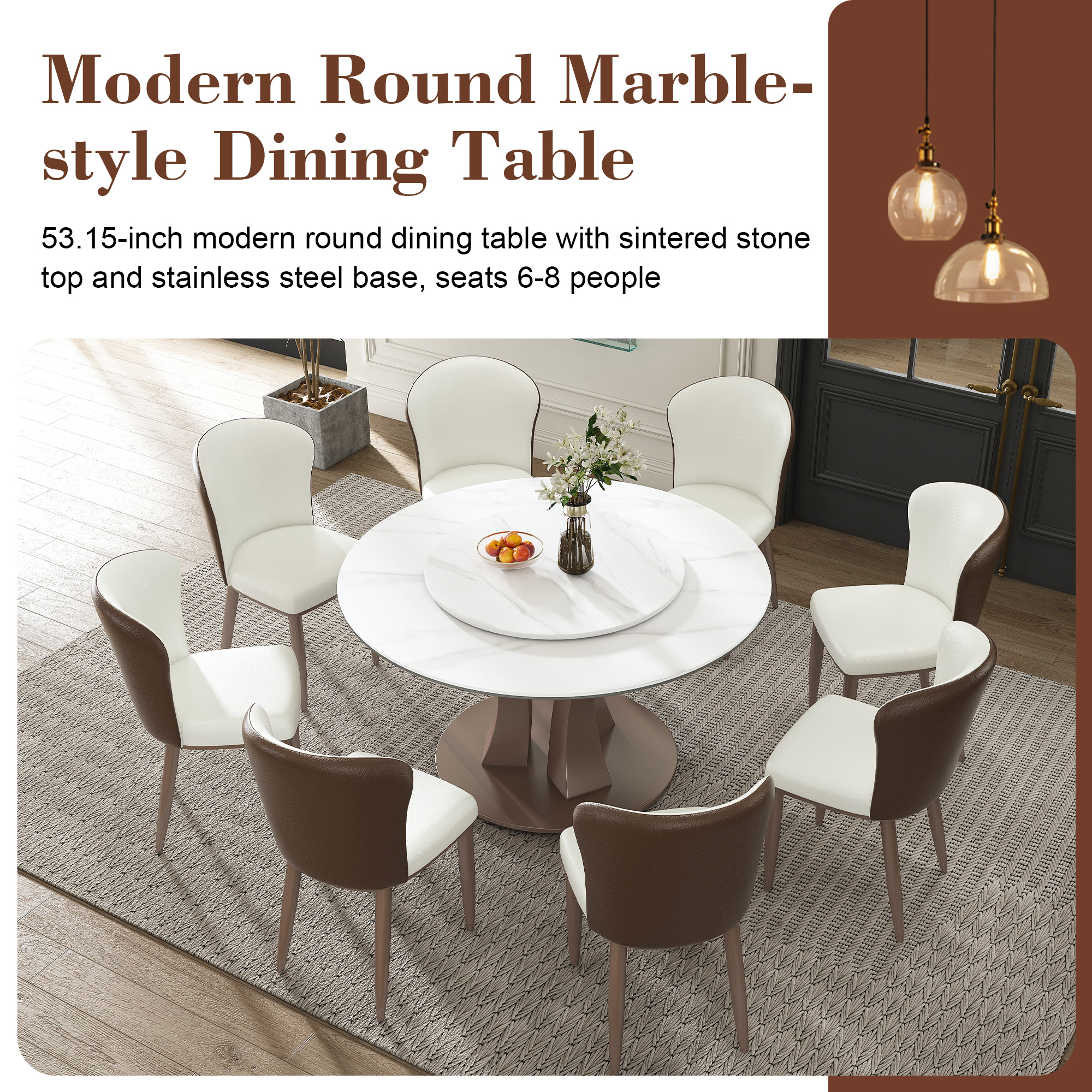 53" Round Sintered Stone Dining Table Set with Rotating Lazy Susan & 8 Modern Chairs - Luxury White Marble Kitchen Furniture