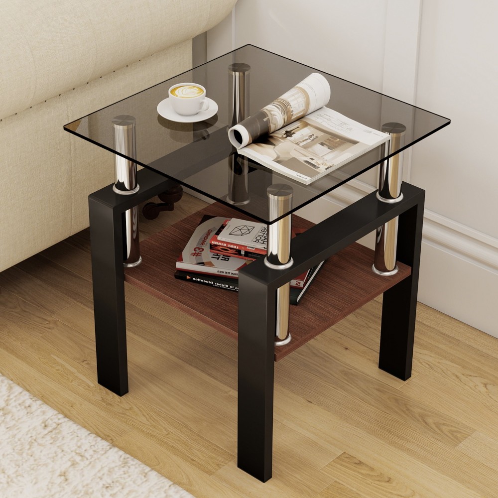 Set of 2 Modern Tempered Glass End Tables with MDF Shelf, Square Coffee Side Tables for Living Room