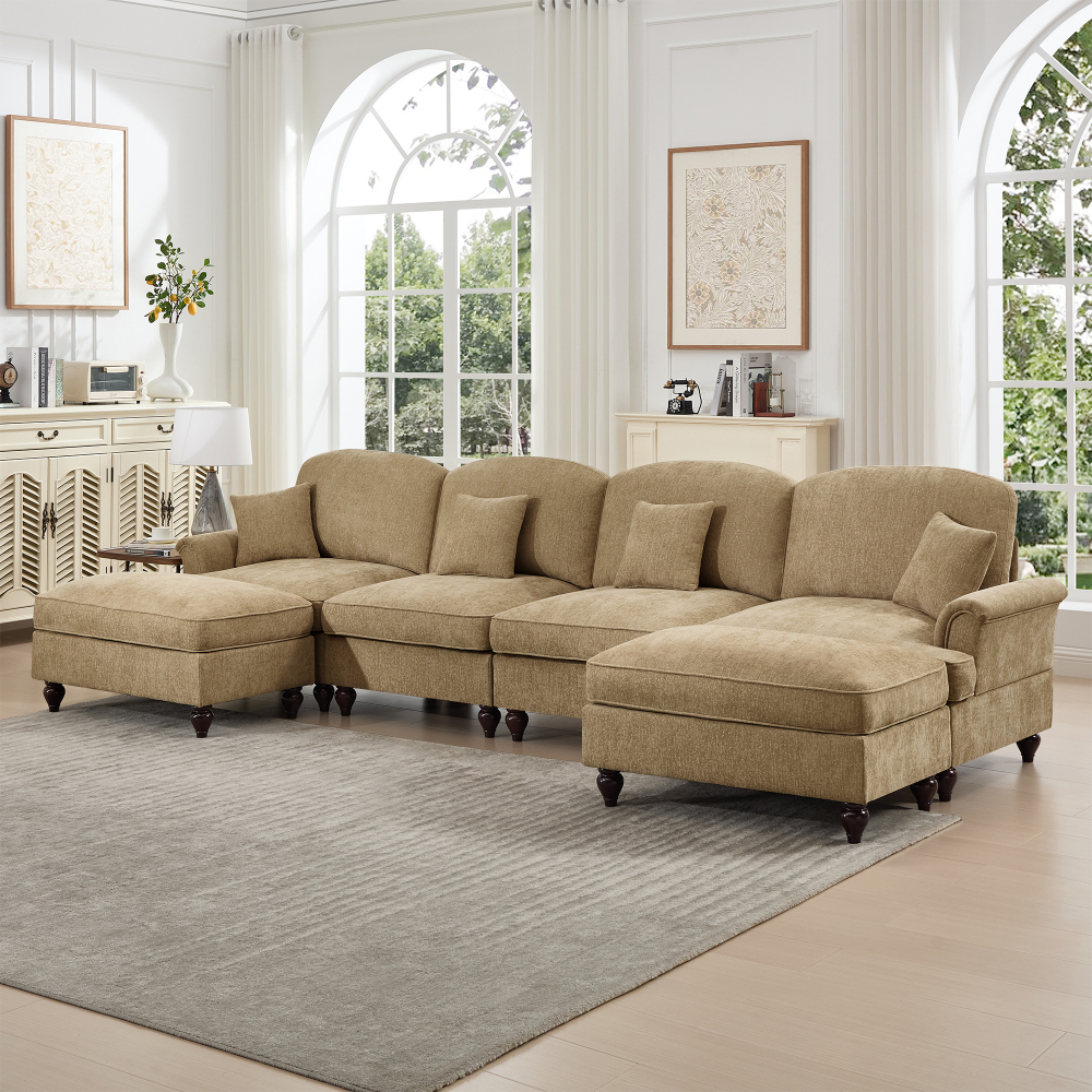 Classic U-Shaped Modular Sectional Sofa with Removable Ruffle Skirt, Deep Seat Chenille Couch with Flared Arms and Spindle Legs, Light Coffee