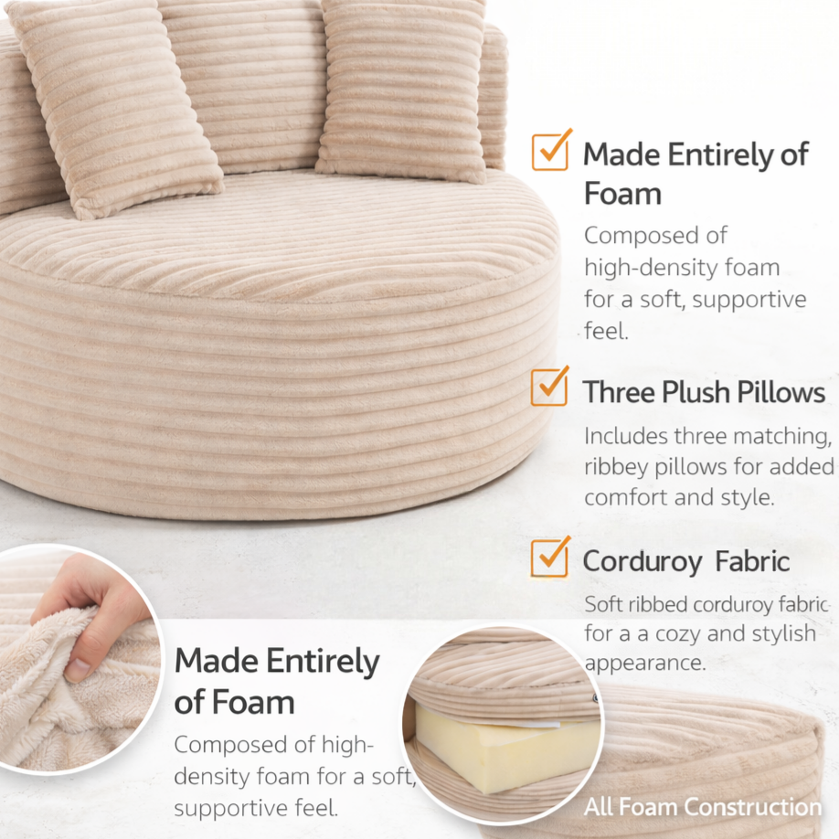Modern Ribbed Corduroy Lounge Chair - Beige Compressed Round Sofa with Lumbar Pillows for Living Room & Bedroom