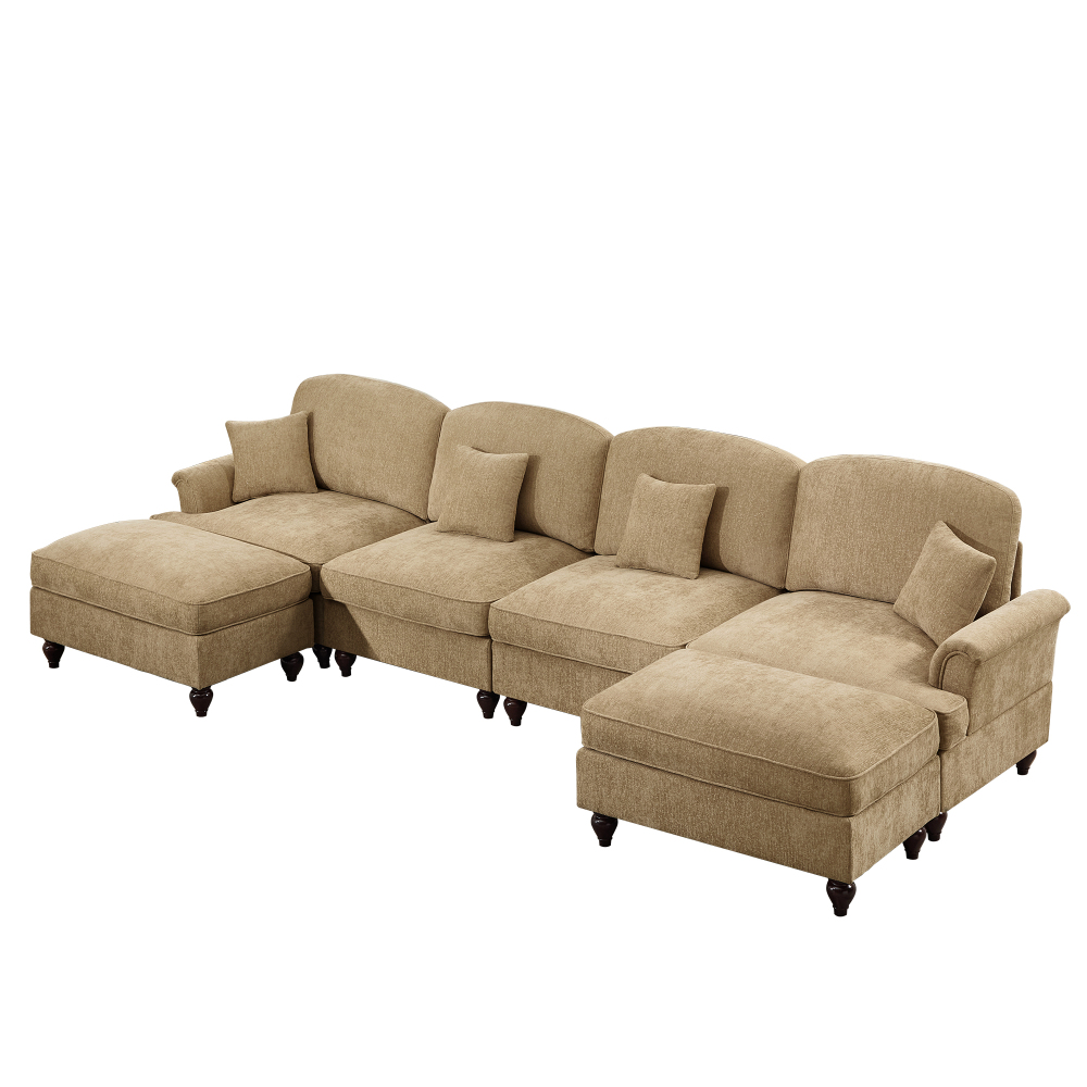 Classic U-Shaped Modular Sectional Sofa with Removable Ruffle Skirt, Deep Seat Chenille Couch with Flared Arms and Spindle Legs, Light Coffee