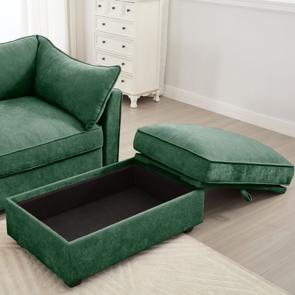 Green Chenille L-Shaped Sectional Sofa, 4-Seat Modular Couch with Movable Ottoman, Crescent Armrests & Wraparound Back Cushions for Living Room