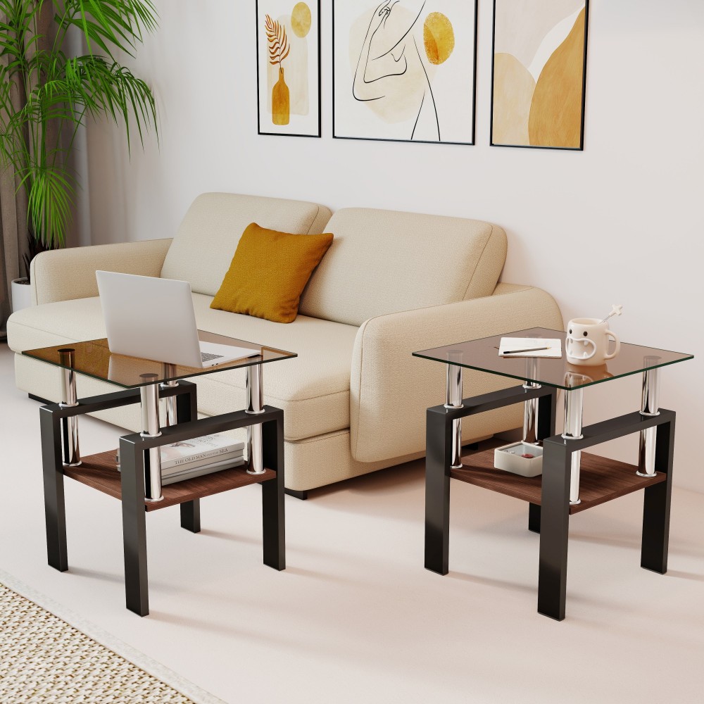 Set of 2 Modern Tempered Glass End Tables - Square Side Tables with MDF Shelf & Metal Legs for Living Room
