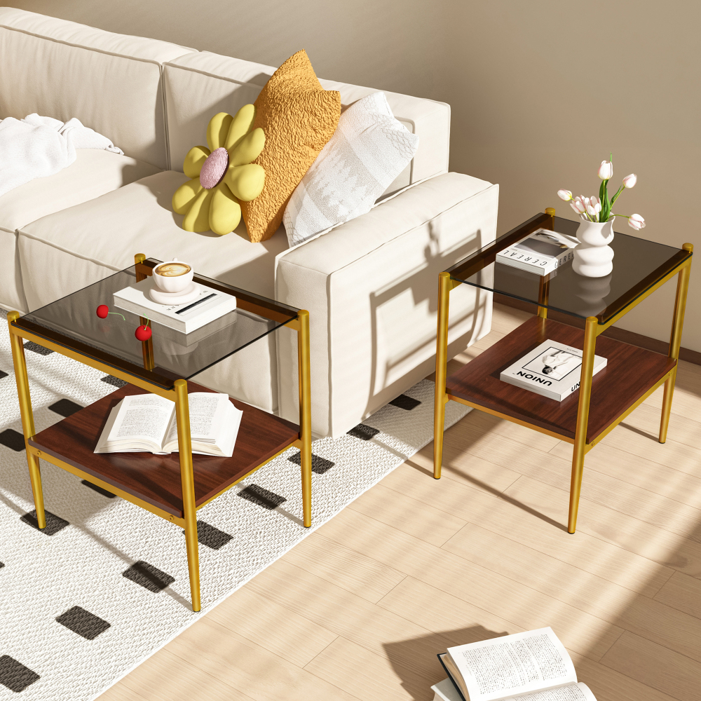 Set of 2 Modern Gold End Tables with Tempered Glass Top and Storage Shelf, Rectangle Side Tables for Living Room