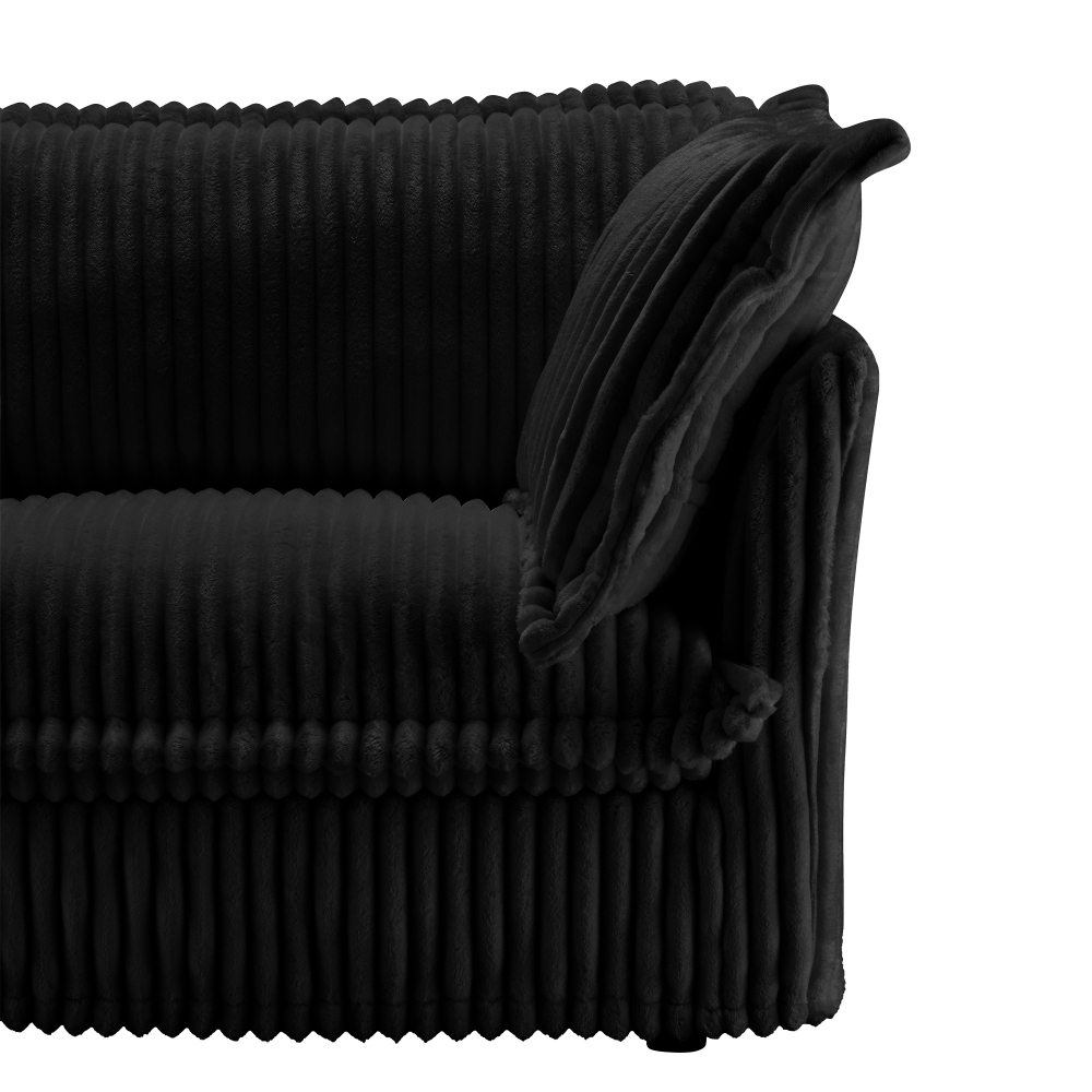 Modern Black Corduroy Loveseat Sofa with Cascading Ruffles & Plush Pillows - Soft Textured Deep Seat Couch for Living Room