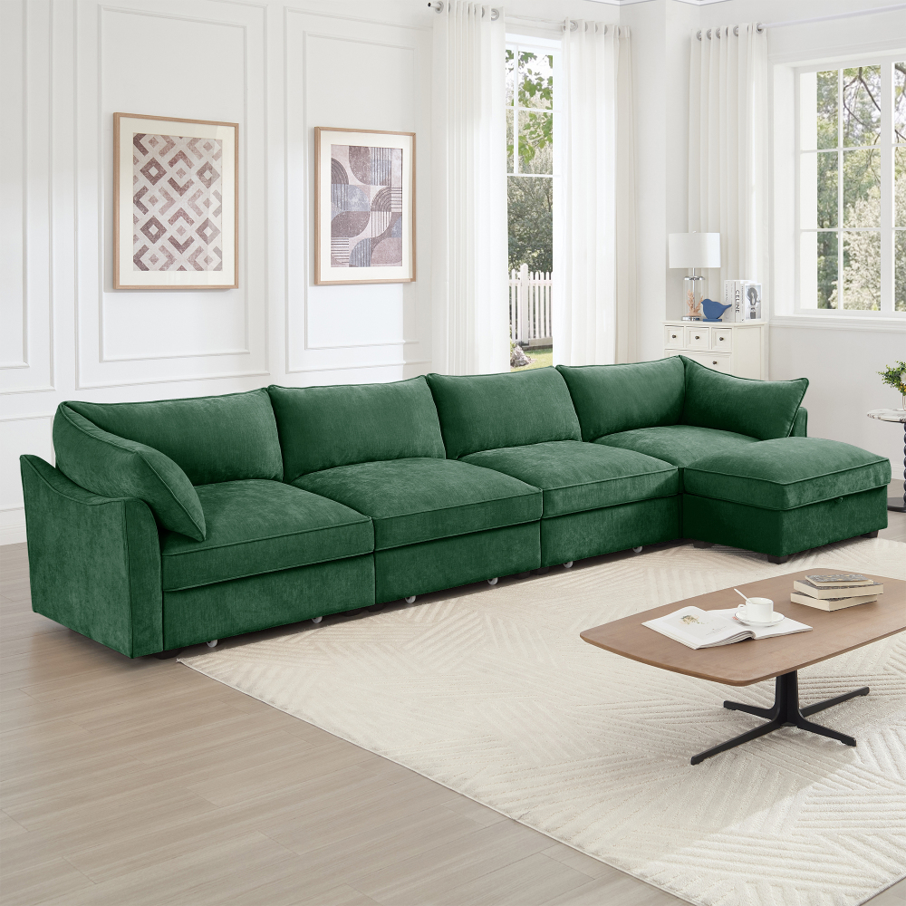Green Chenille L-Shaped Sectional Sofa, 4-Seat Modular Couch with Movable Ottoman, Crescent Armrests & Wraparound Back Cushions for Living Room