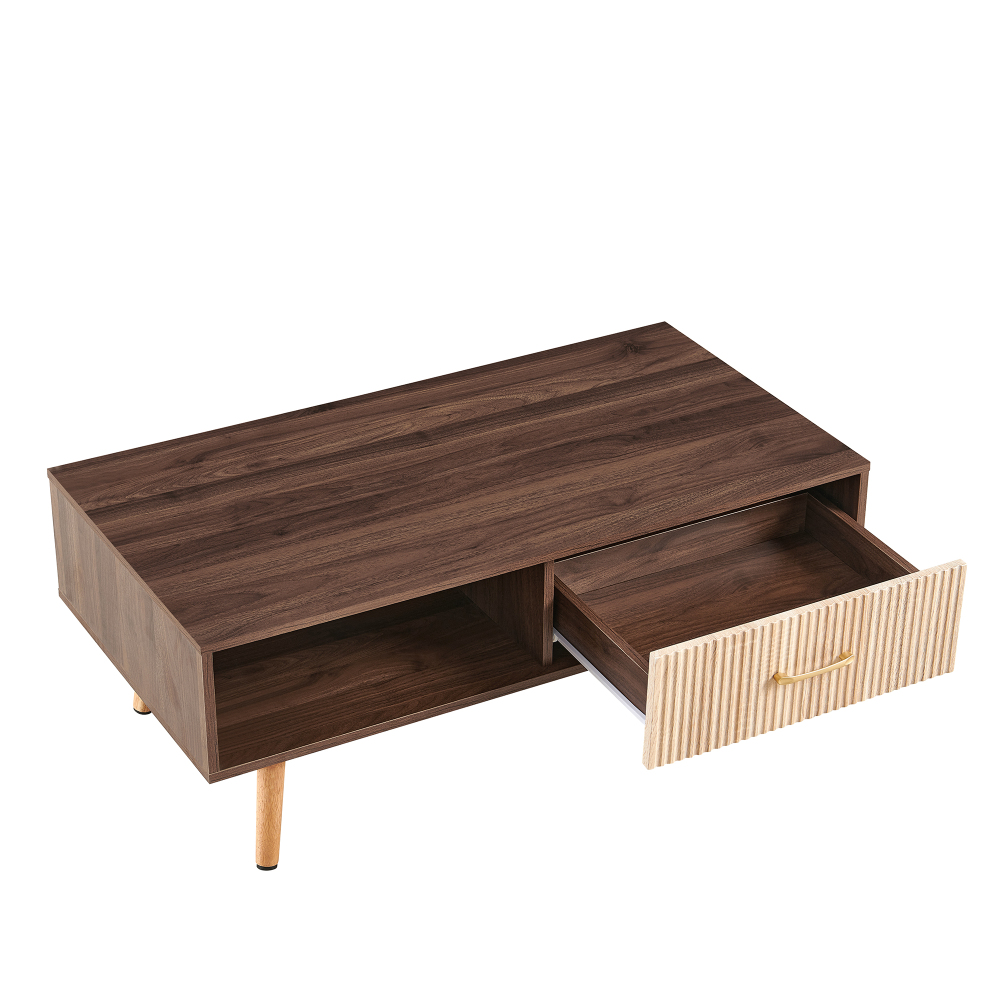 Mid-Century Modern Coffee Table with Sliding Storage Drawer, Walnut Finish Rectangular Living Room Accent Table with Solid Wood Legs