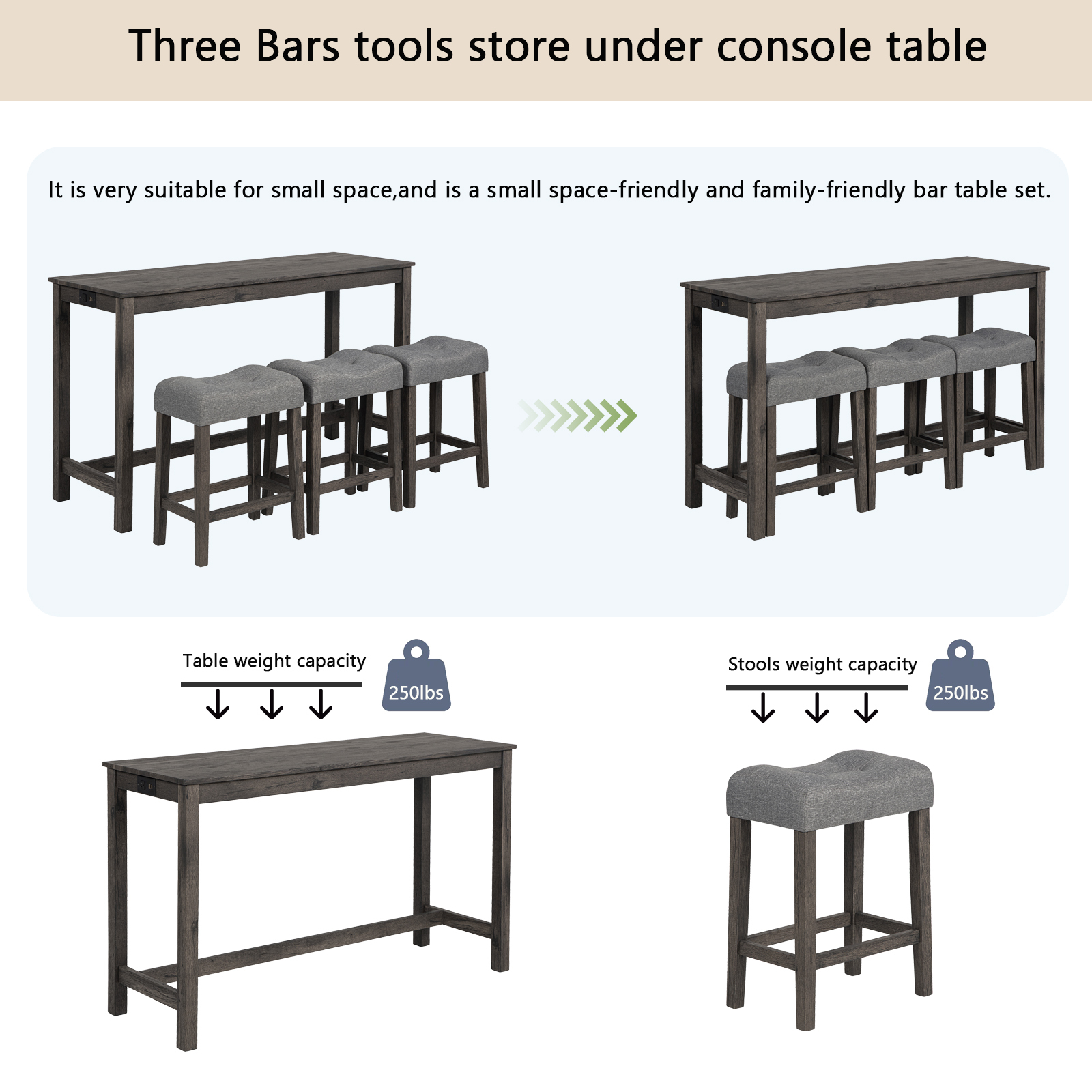 Dark Gray 4-Piece Sofa Bar Table Set with Power Outlet & USB Ports - Behind Couch Console Table with 3 Upholstered Stools for Living Room