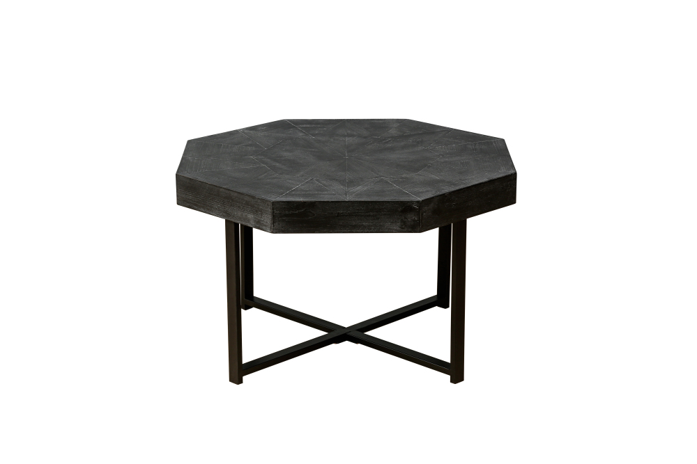 Vintage Octagonal Coffee Table with Patchwork Wood Top & Cross Metal Legs - 30" Antique Black Farmhouse Centerpiece for Living Room