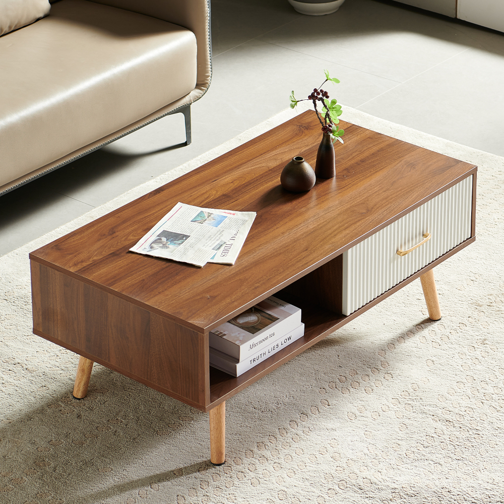 Mid-Century Modern Coffee Table with Sliding Drawer & Open Shelf Storage, Walnut Finish Rectangle Living Room Center Table with Solid Wood Legs