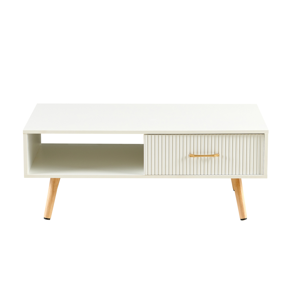 Modern White Rectangle Coffee Table with Solid Wood Legs, Sliding Drawer Storage & Open Shelf for Living Room