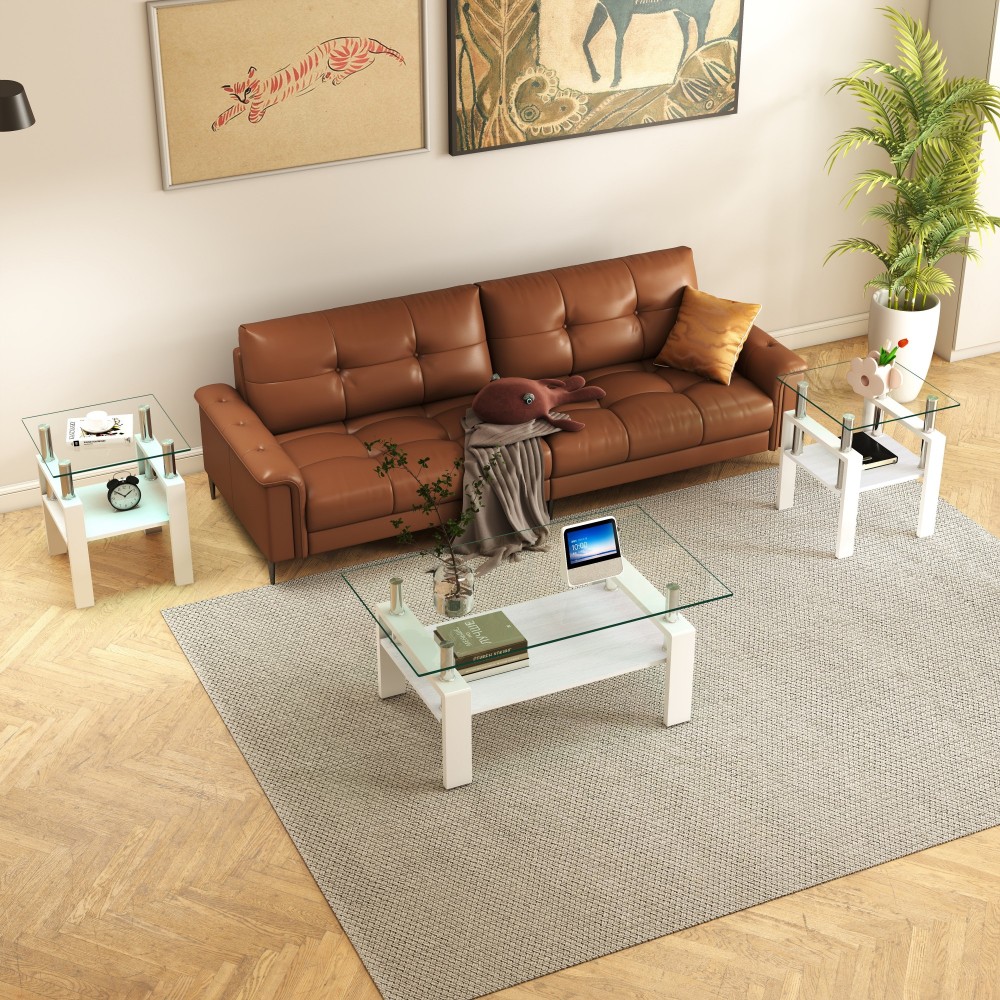 Set of 2 Modern Tempered Glass End Tables - White Square Coffee Table with MDF Shelf for Living Room