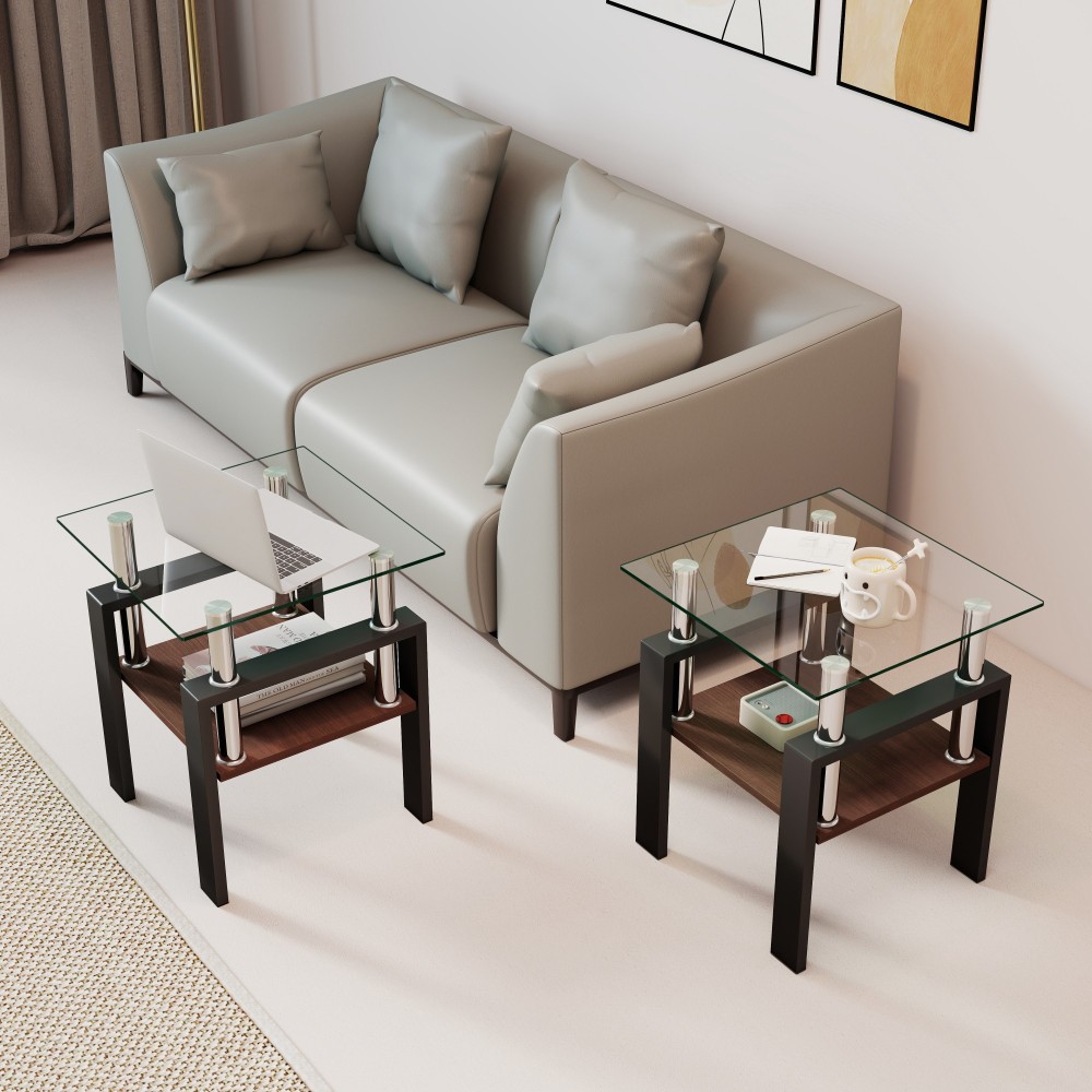 Set of 2 Modern Tempered Glass End Tables with Storage Shelf - Square Coffee Side Tables for Living Room