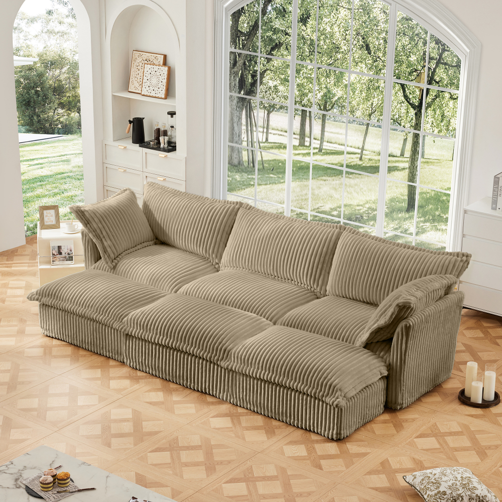 Camel Corduroy Modular Sofa with 3 Ottomans | Oversized Deep Seat Cloud Couch | Removable Slipcovered Sectional Sleeper