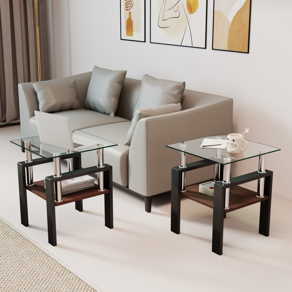 Set of 2 Modern Tempered Glass End Tables with Storage Shelf - Square Coffee Side Tables for Living Room