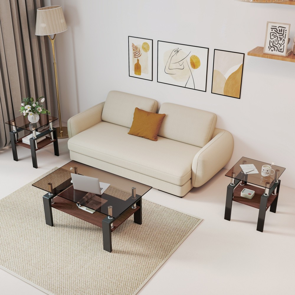 Set of 2 Modern Tempered Glass End Tables - Square Side Tables with MDF Shelf & Metal Legs for Living Room